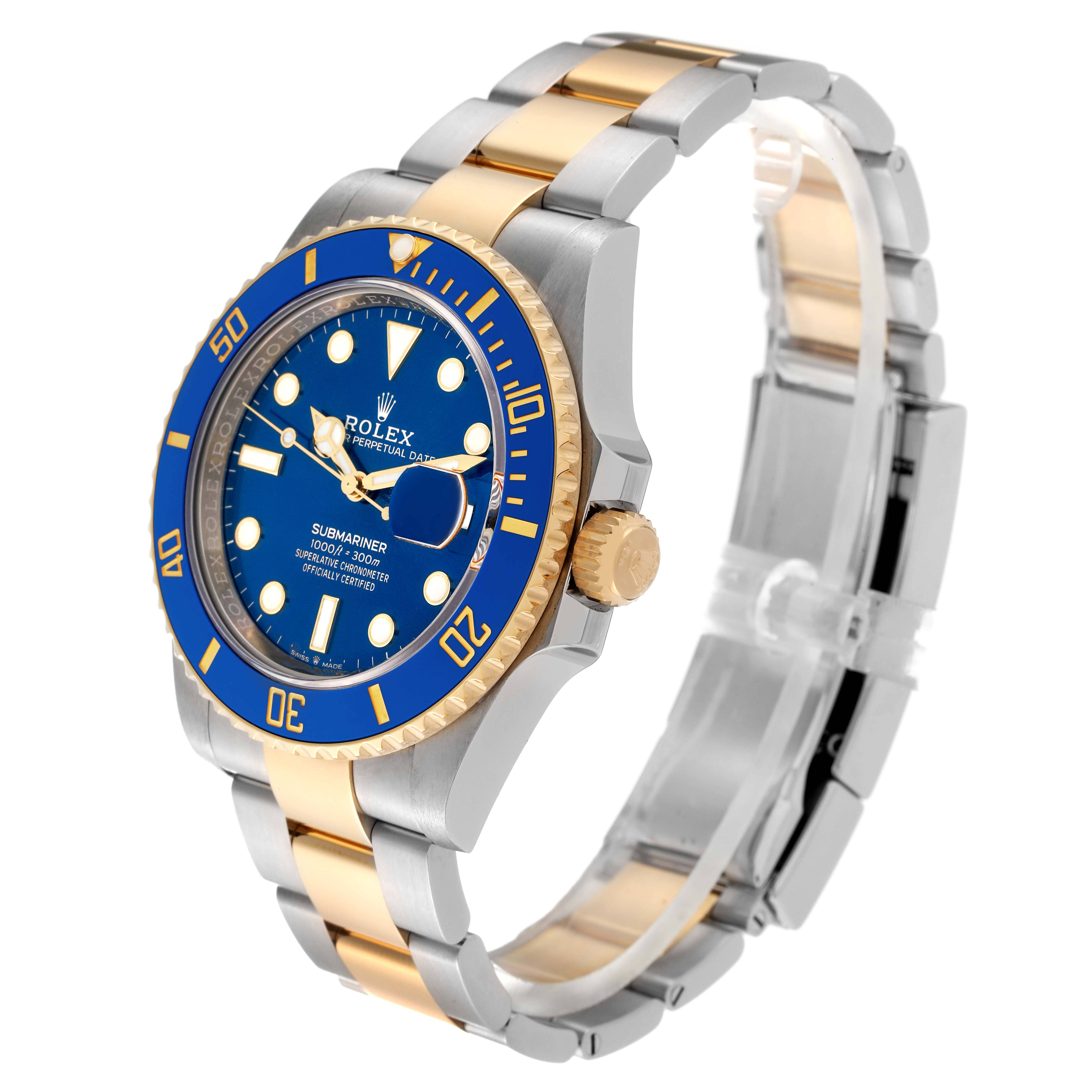 The Rolex Submariner 126613 Men's Steel and Gold (two tone) Blue Dial 126613 Men's Steel and Gold (two tone) Blue Dial watch is shown at a three-quarter angle, highlighting the bezel, dial, crown, and bracelet.