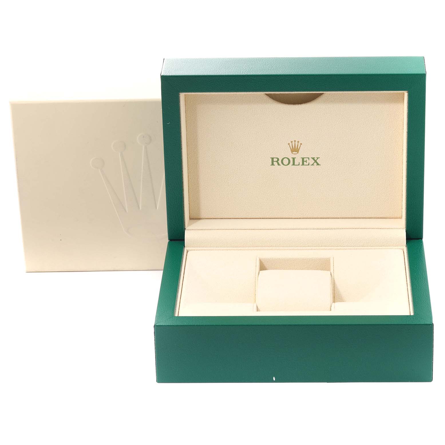 This image shows an open green and beige box for a Rolex Submariner 126613 Men's Steel and Gold (two tone) Blue Dial 126613 Men's Steel and Gold (two tone) Blue Dial watch, with the Rolex logo inside the lid.