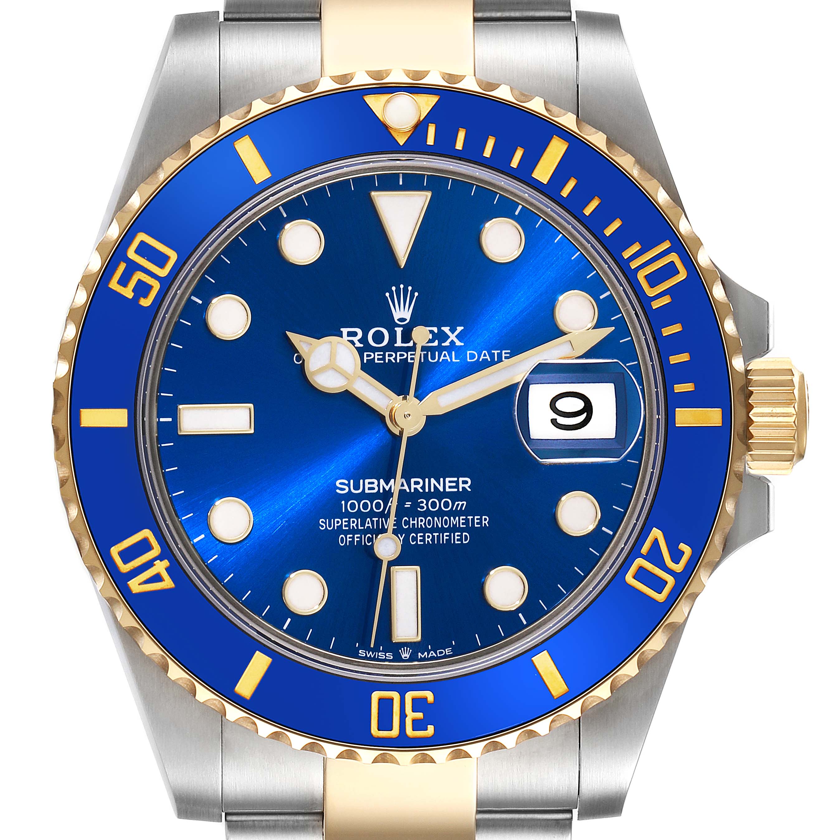 The image shows a front view of the Rolex Submariner 126613 Men's Steel and Gold (two tone) Blue Dial 126613 Men's Steel and Gold (two tone) Blue Dial with a blue dial, gold detailing, and stainless steel and gold bracelet.