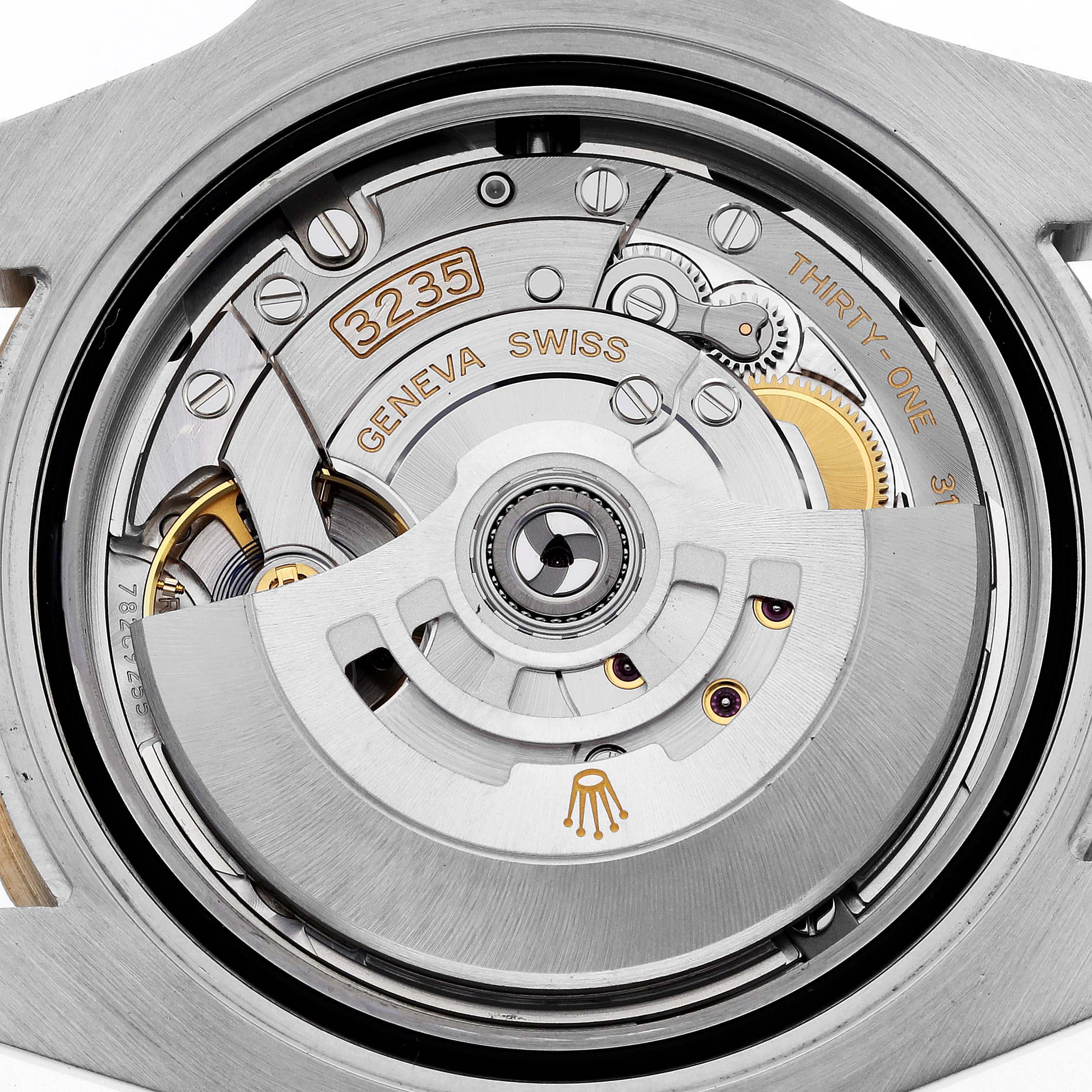 This image shows the intricate movement mechanism of a Rolex Submariner 126613 Men's Steel and Gold (two tone) Blue Dial 126613 Men's Steel and Gold (two tone) Blue Dial watch, viewed from the case back.