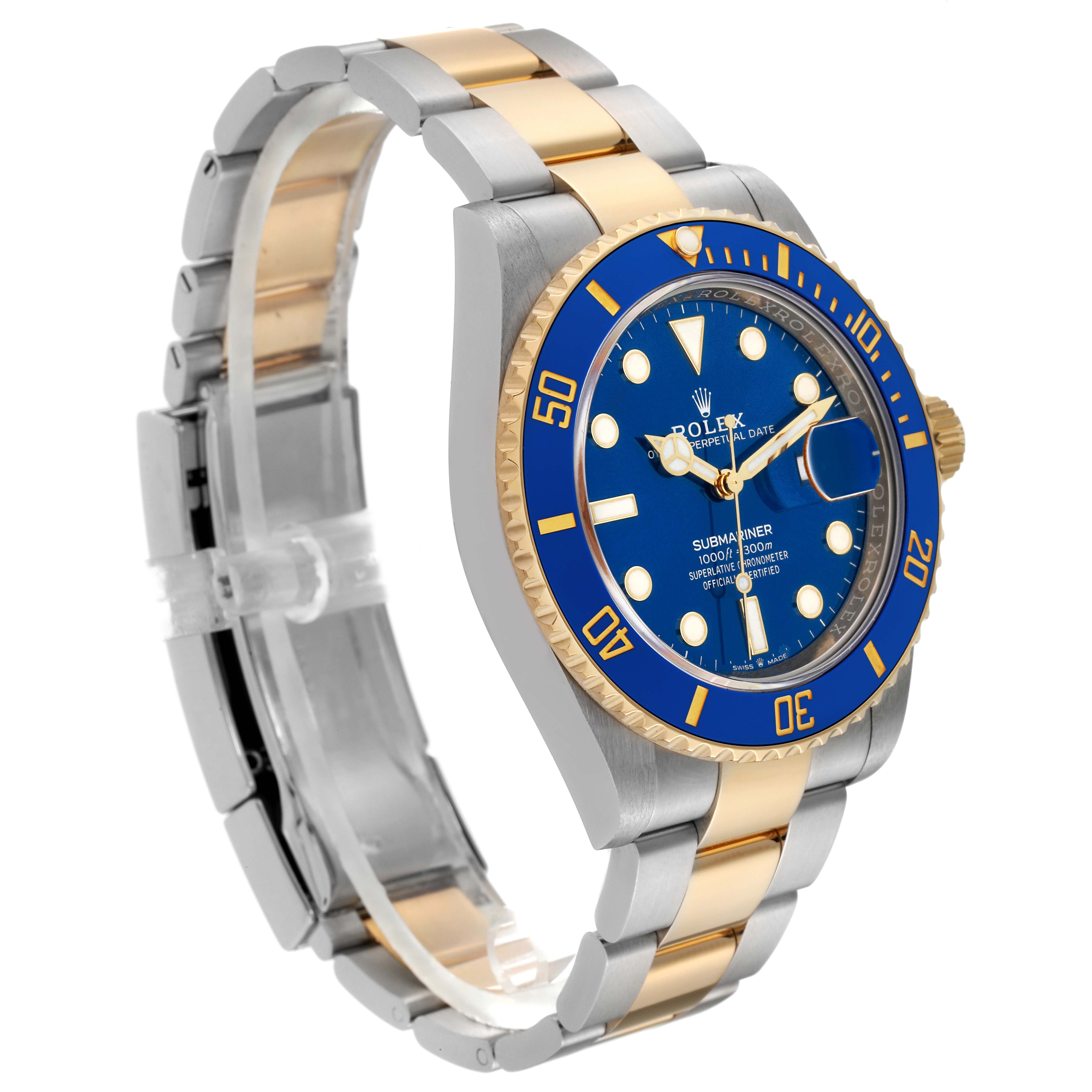 The image shows a side angle of a Rolex Submariner 126613 Men's Steel and Gold (two tone) Blue Dial 126613 Men's Steel and Gold (two tone) Blue Dial watch, highlighting its blue dial, gold and silver band, and bezel.