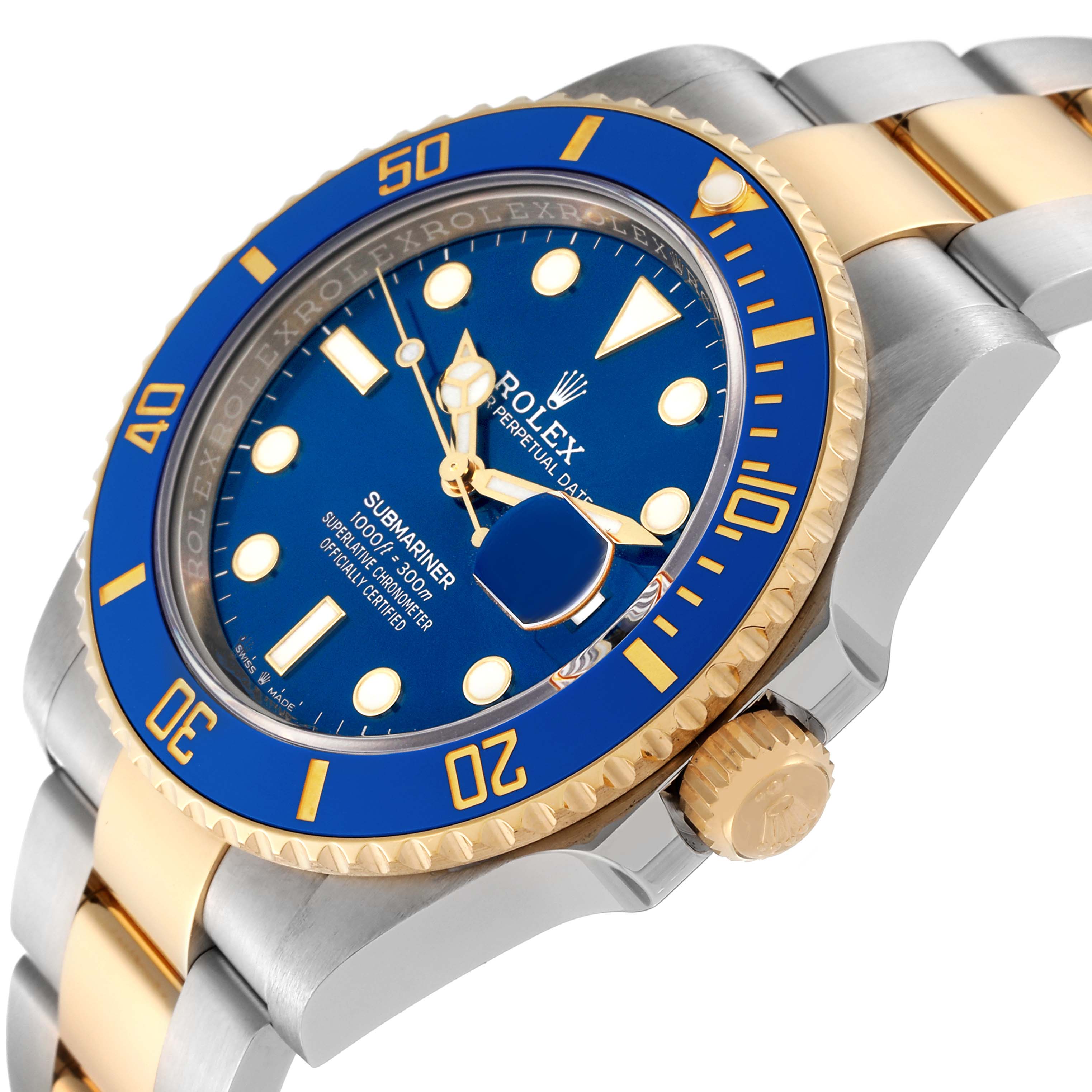The image shows a close-up of the Rolex Submariner 126613 Men's Steel and Gold (two tone) Blue Dial 126613 Men's Steel and Gold (two tone) Blue Dial watch from an angled perspective, highlighting the blue bezel, dial, and part of the bracelet.