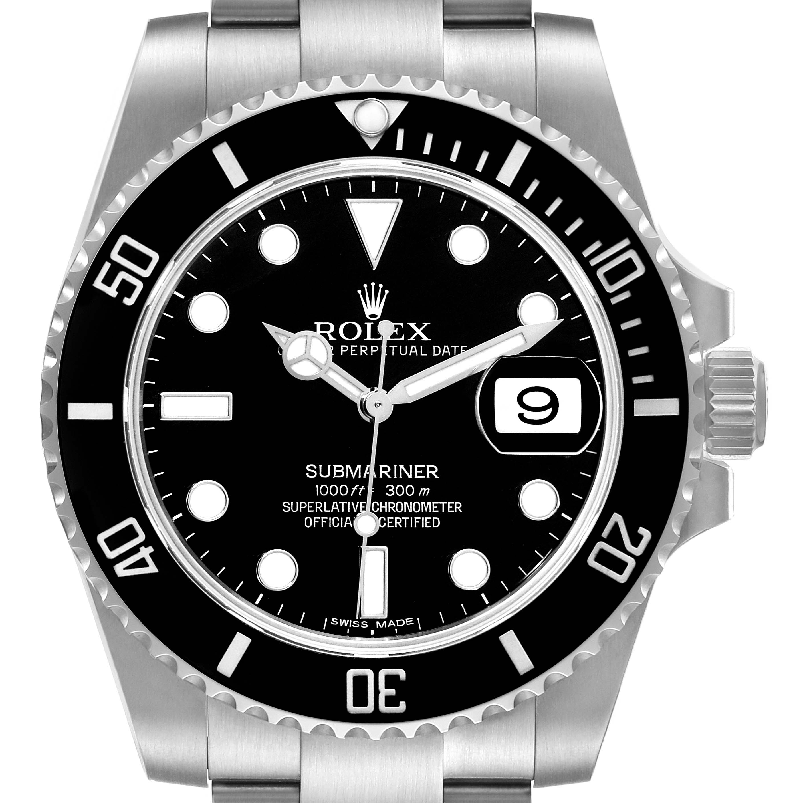 The image shows a front view of the Rolex Submariner 116610 Men
s Stainless Steel Black Dial 116610 Men
s Stainless Steel Black Dial watch, highlighting the dial, bezel, and part of the bracelet.