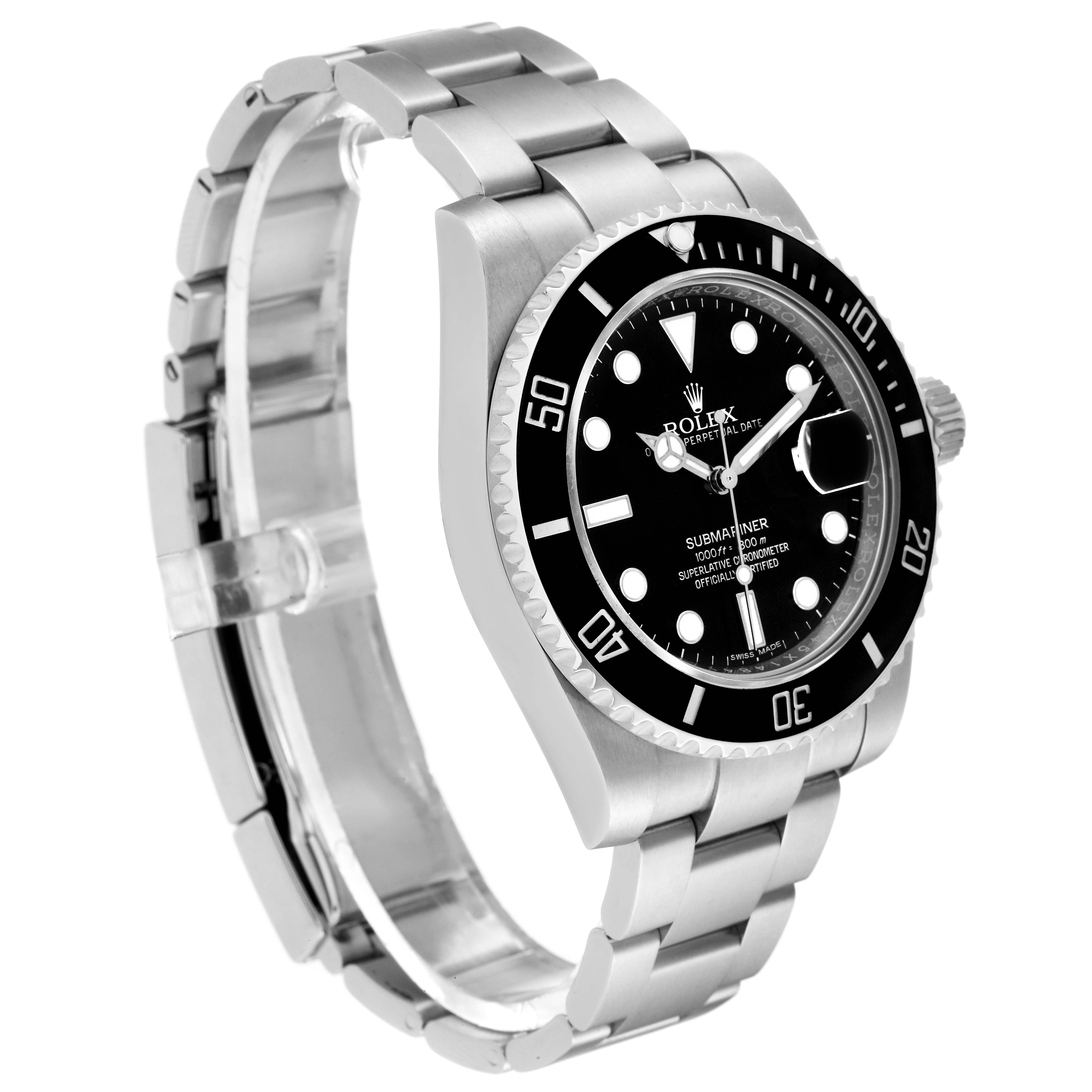 The image shows an angled side view of a Rolex Submariner 116610 Men
s Stainless Steel Black Dial 116610 Men
s Stainless Steel Black Dial watch, highlighting the face, bezel, and metal bracelet.