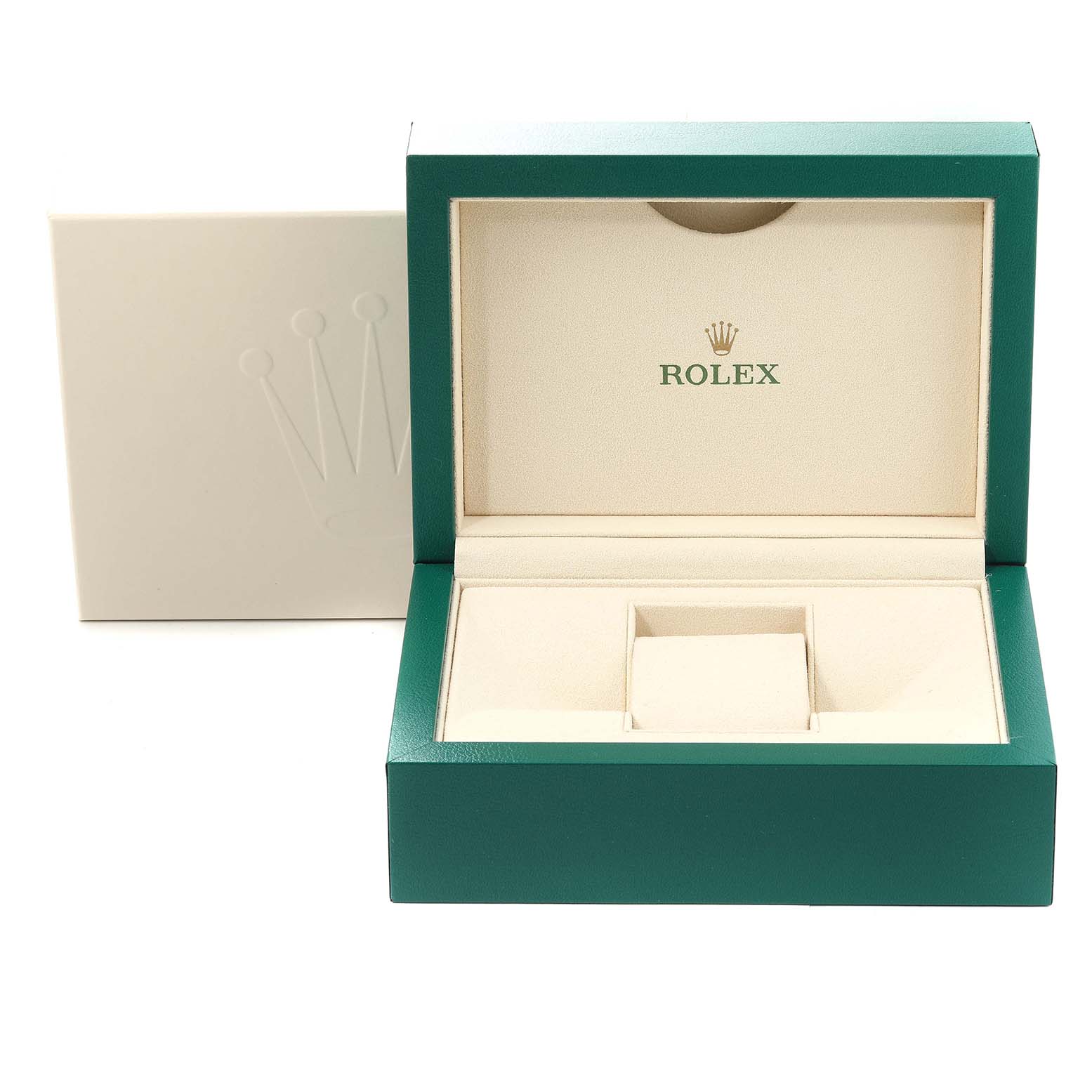 The image shows an open empty green and beige Rolex Submariner 116610 Men
s Stainless Steel Black Dial 116610 Men
s Stainless Steel Black Dial watch box with the brand logo on the interior.