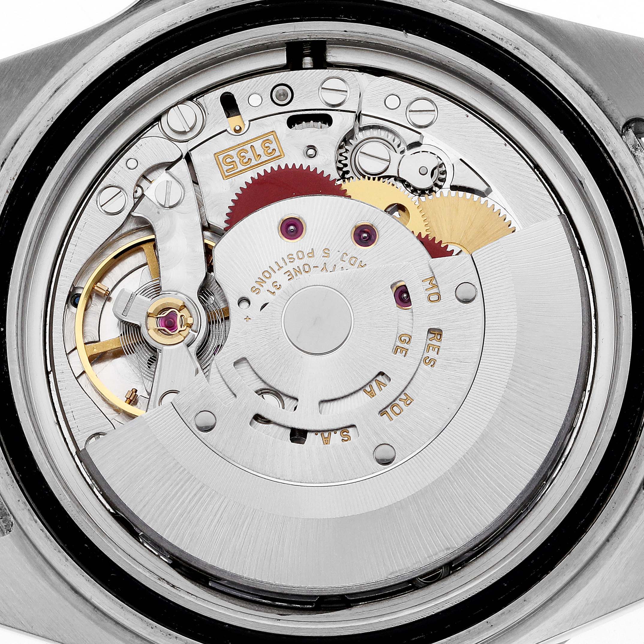 The image shows the inner mechanical movement of a Rolex Submariner 16613 Men's Steel and Gold (two tone) Champagne Dial 16613 Men's Steel and Gold (two tone) Champagne Dial watch from a back view.
