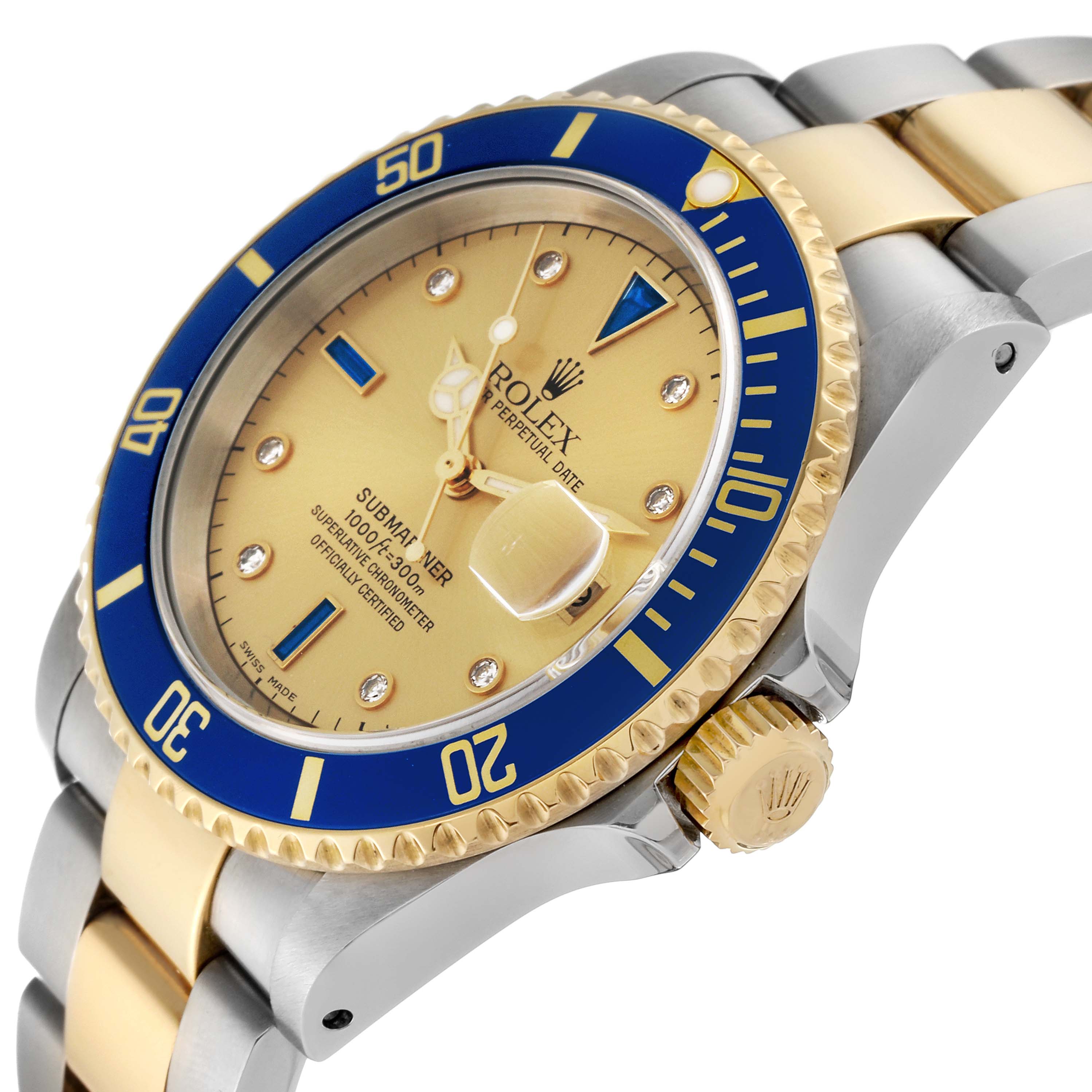 This image shows a Rolex Submariner 16613 Men's Steel and Gold (two tone) Champagne Dial 16613 Men's Steel and Gold (two tone) Champagne Dial at an oblique angle, highlighting its gold dial, blue bezel, and two-tone bracelet.