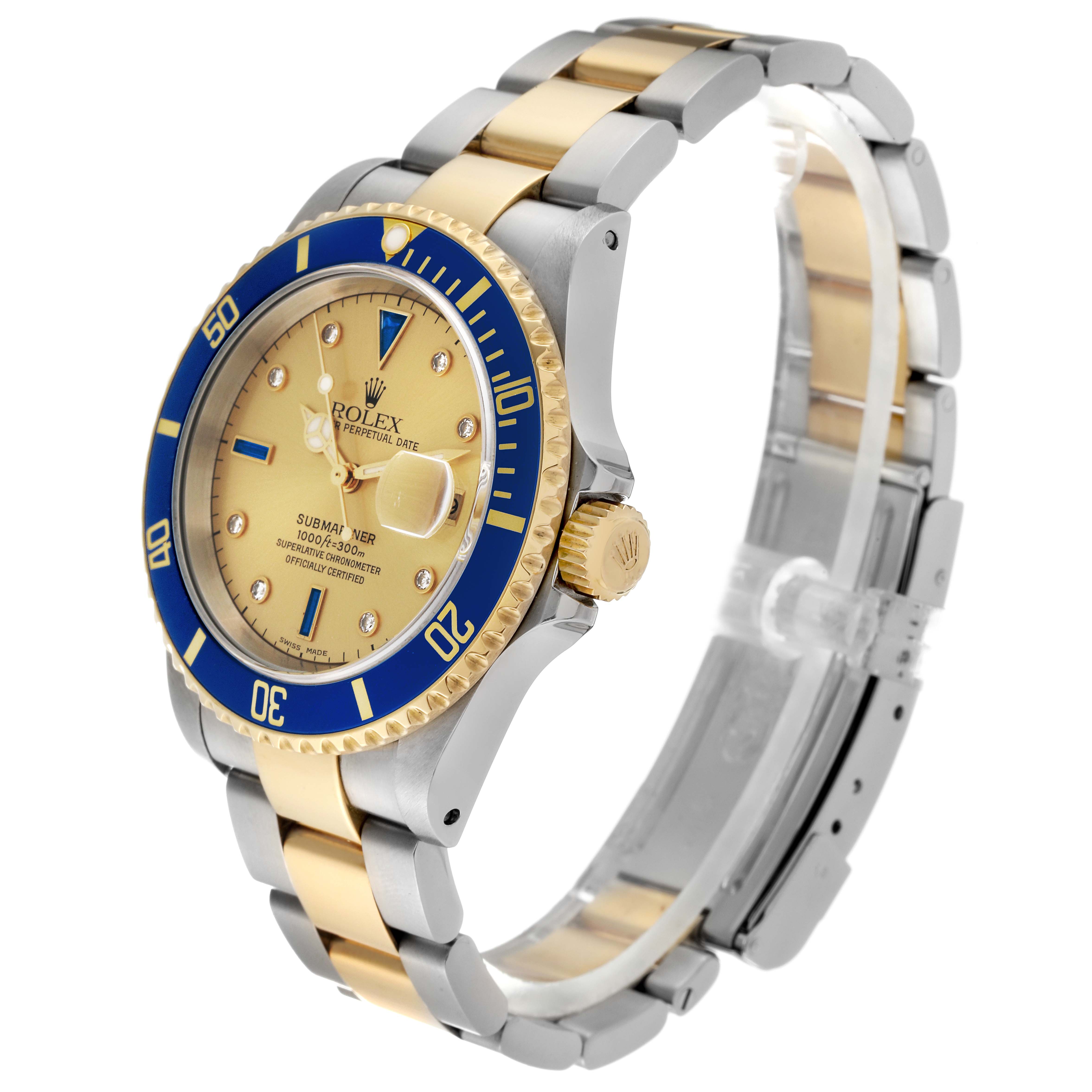 The image shows a side view of a Rolex Submariner 16613 Men's Steel and Gold (two tone) Champagne Dial 16613 Men's Steel and Gold (two tone) Champagne Dial watch displaying its gold and blue bezel, crown, and two-tone metal bracelet.