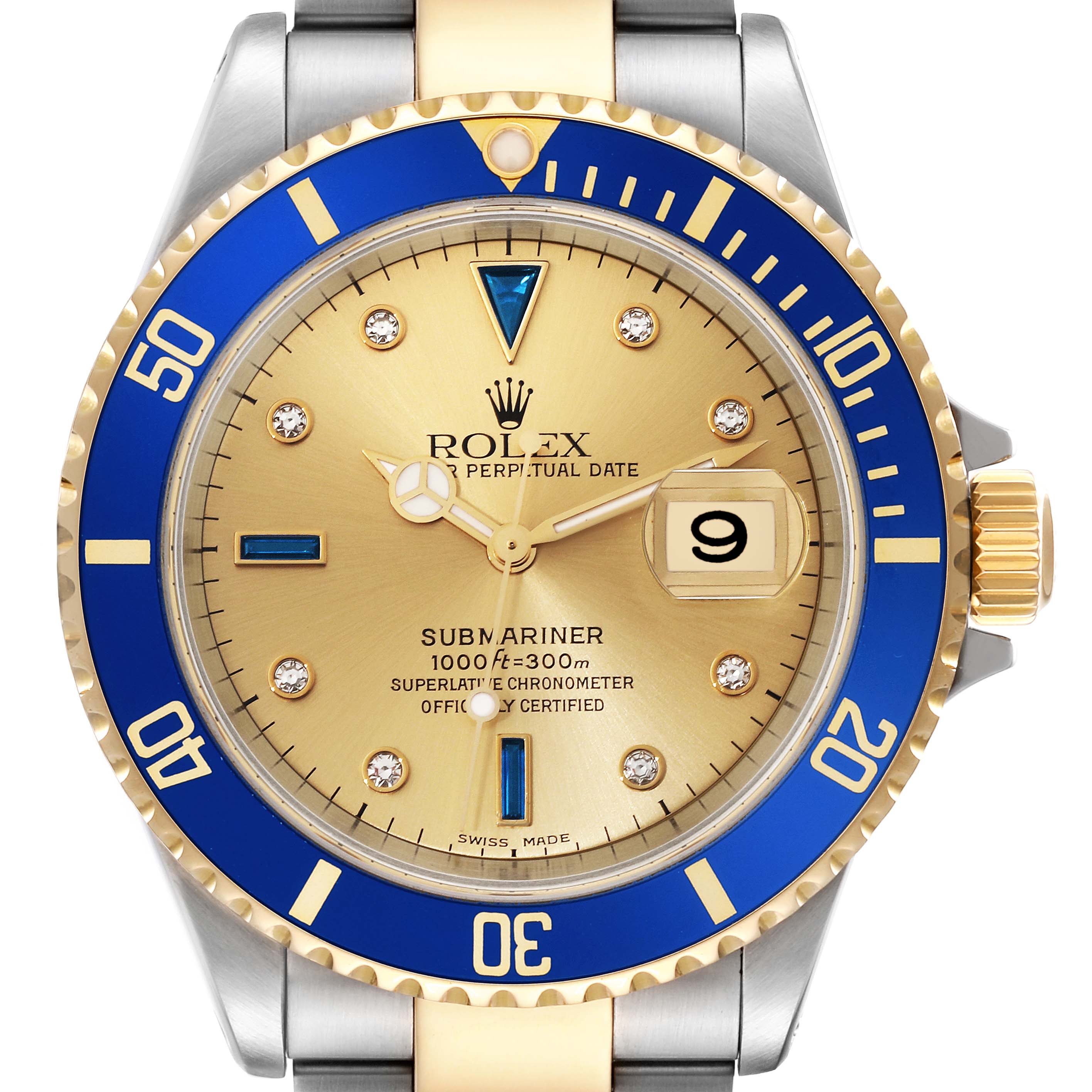 This image shows a frontal view of the Rolex Submariner 16613 Men's Steel and Gold (two tone) Champagne Dial 16613 Men's Steel and Gold (two tone) Champagne Dial watch, highlighting the gold dial, blue bezel, date window, and two-tone bracelet.