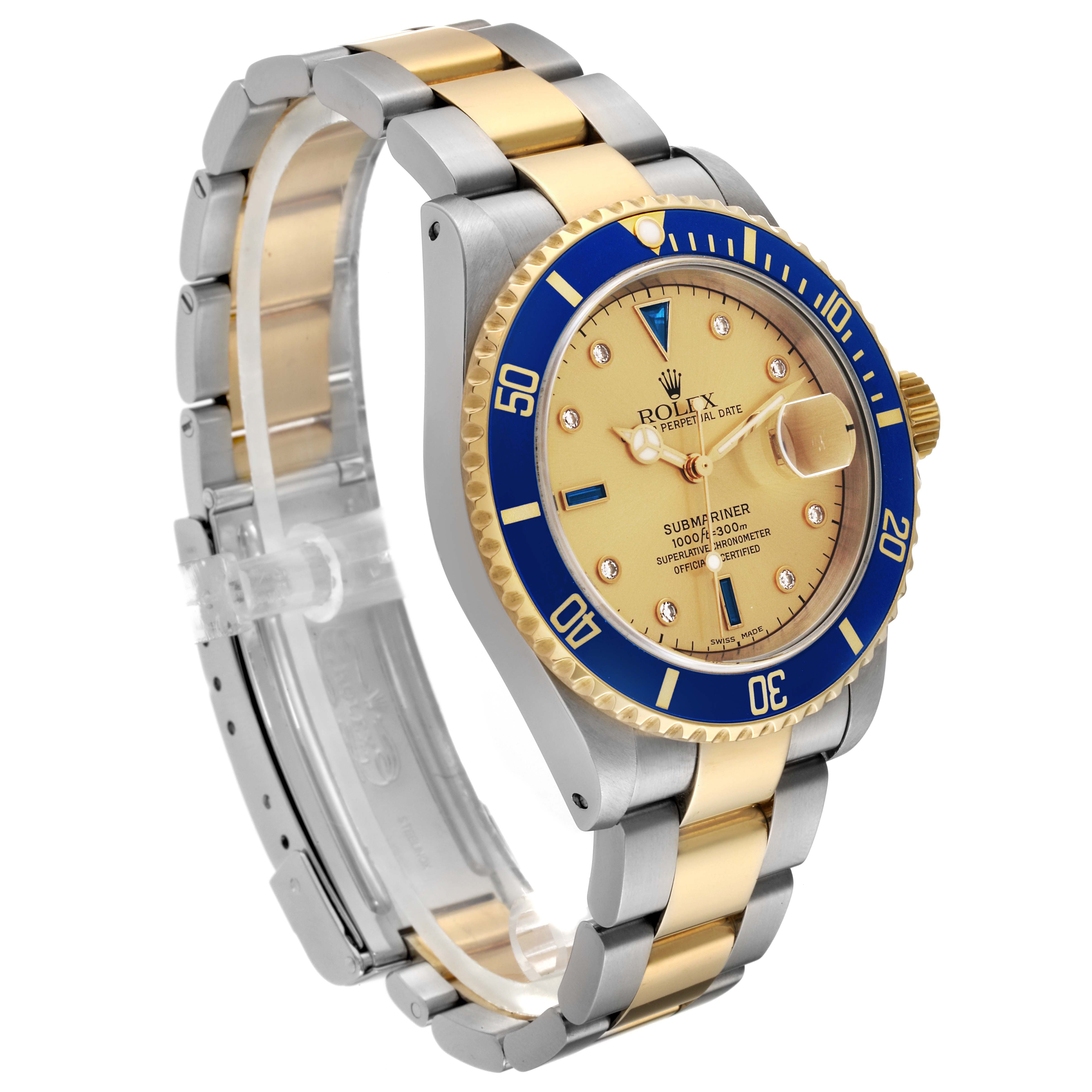 The image shows a Rolex Submariner 16613 Men's Steel and Gold (two tone) Champagne Dial 16613 Men's Steel and Gold (two tone) Champagne Dial watch at an oblique angle, highlighting its two-tone bracelet, bezel, and dial.