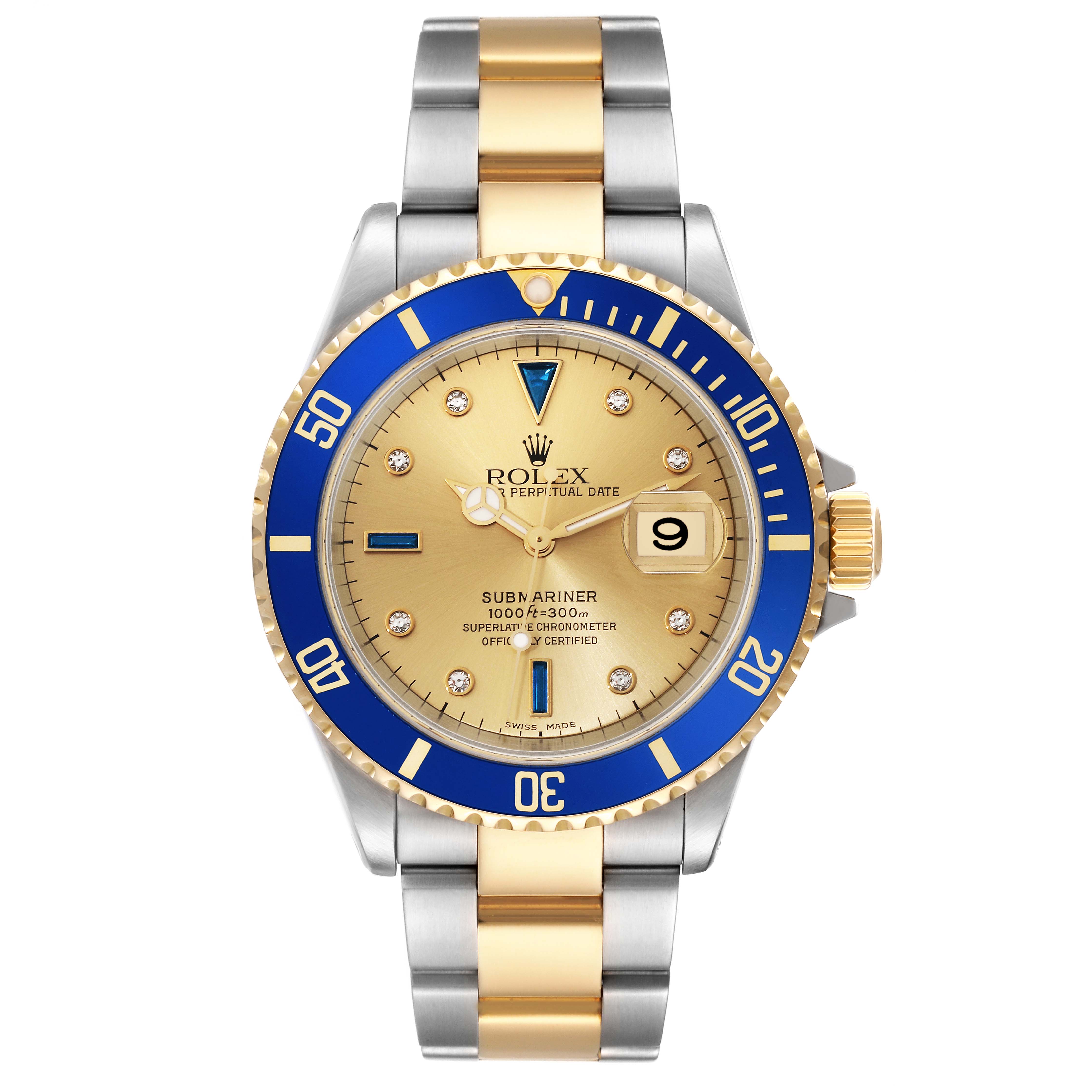 The image shows a front view of the Rolex Submariner 16613 Men's Steel and Gold (two tone) Champagne Dial 16613 Men's Steel and Gold (two tone) Champagne Dial watch, highlighting its gold dial, blue bezel, and two-tone bracelet.