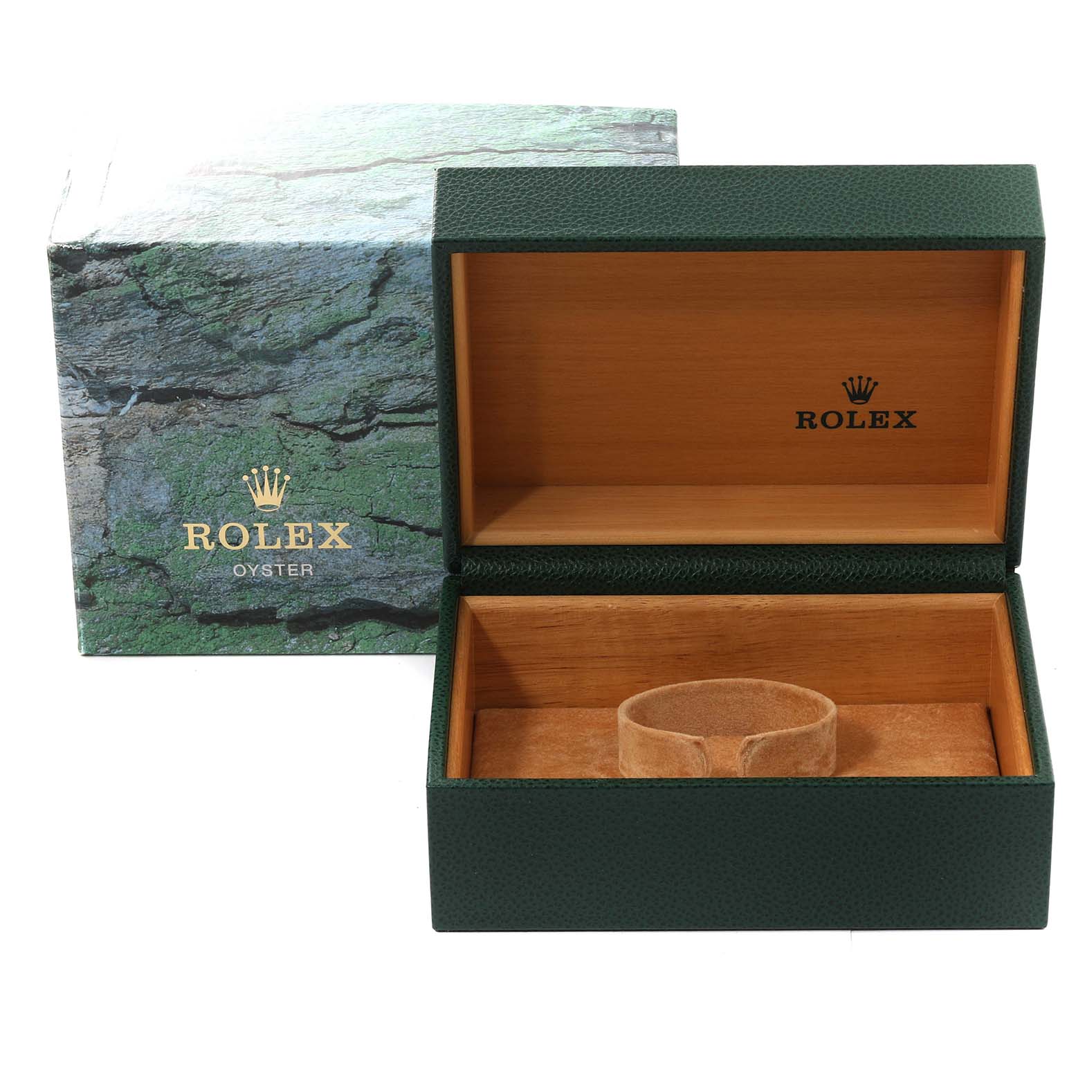 The image shows an open green Rolex Submariner 16613 Men's Steel and Gold (two tone) Champagne Dial 16613 Men's Steel and Gold (two tone) Champagne Dial watch box with a tan cushion inside, displaying the brand's logo.