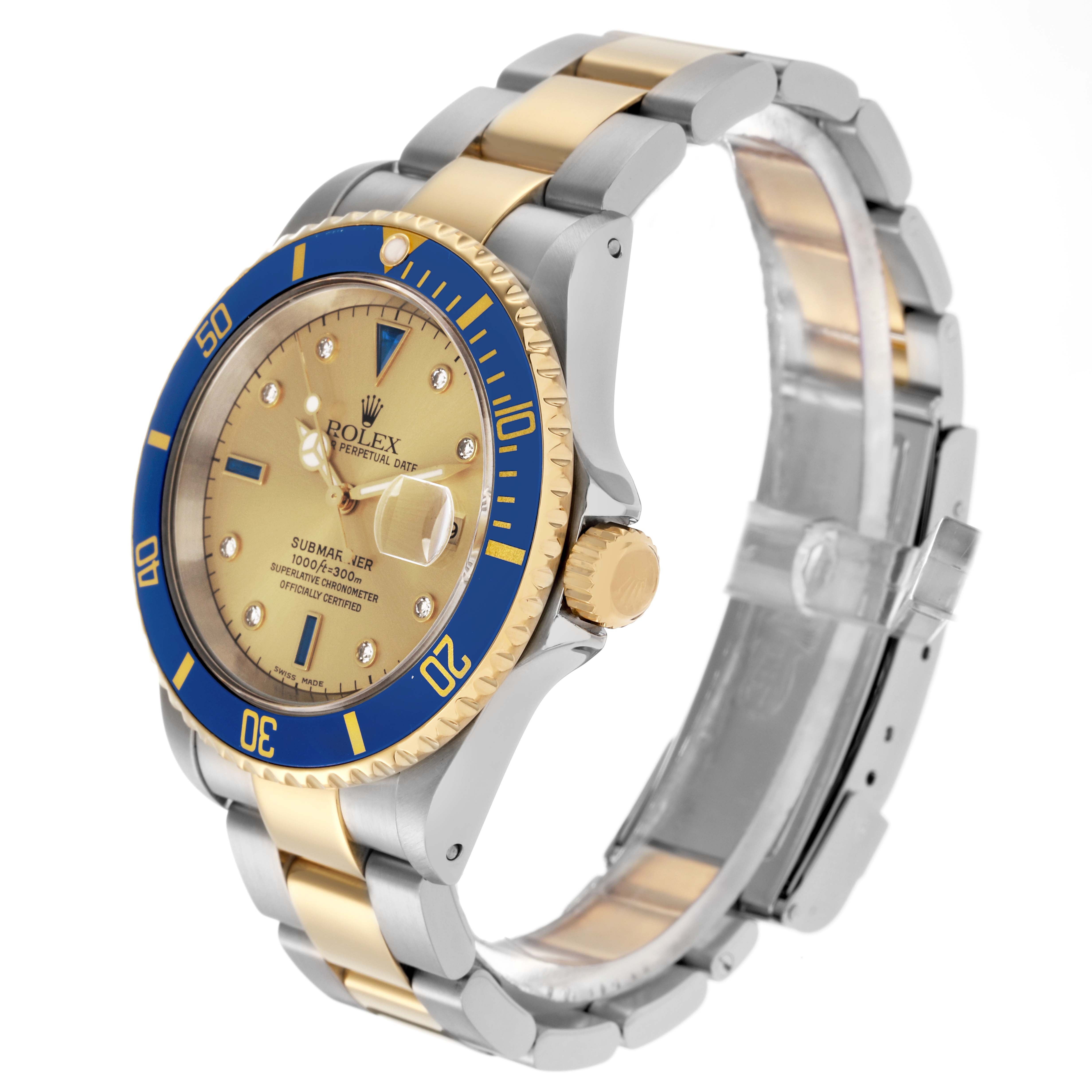The Rolex Submariner 16613 Men
s Steel and Gold (two tone) Champagne Dial 16613 Men
s Steel and Gold (two tone) Champagne Dial watch is shown at a three-quarter angle, displaying the bezel, dial, crown, and bracelet.