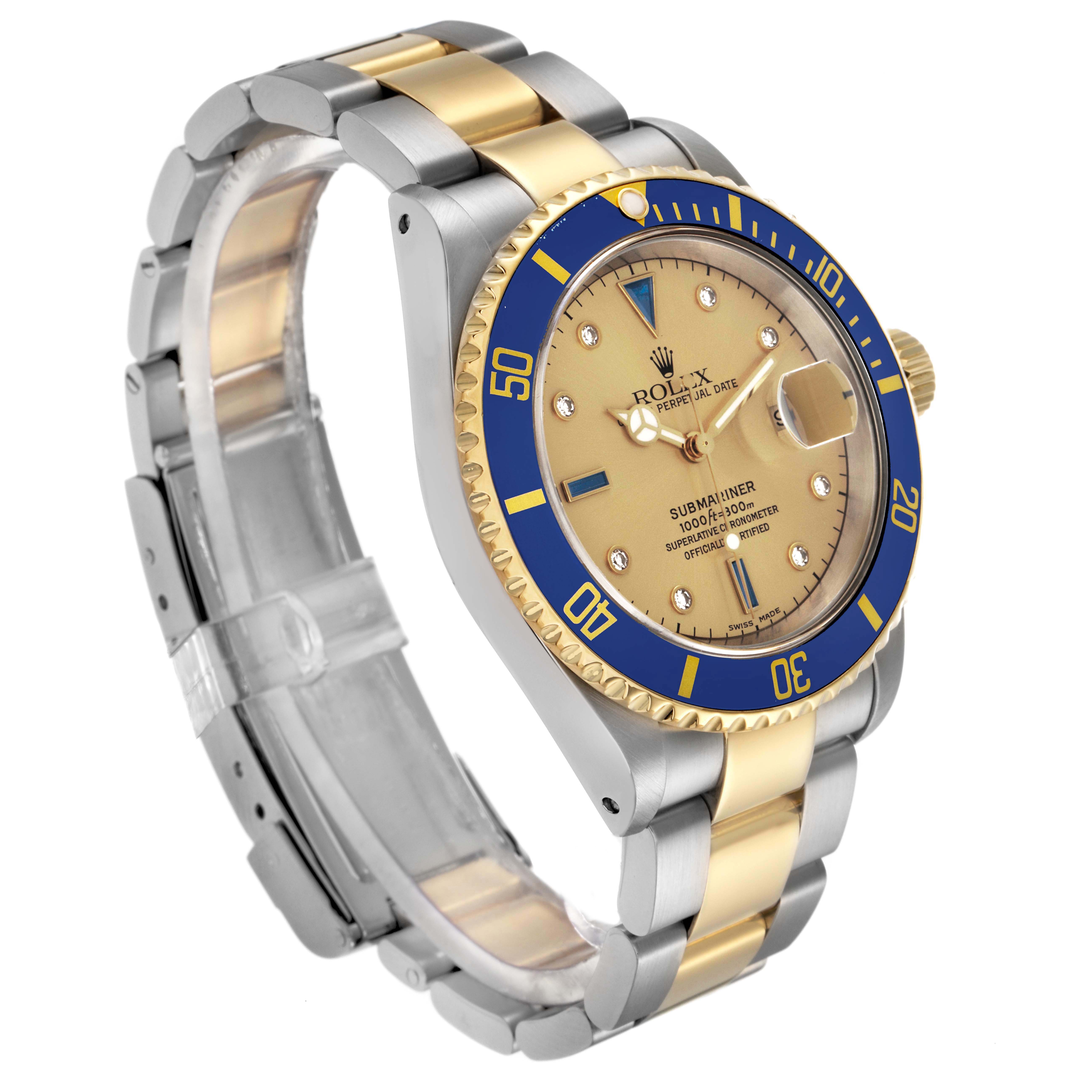 The Rolex Submariner 16613 Men
s Steel and Gold (two tone) Champagne Dial 16613 Men
s Steel and Gold (two tone) Champagne Dial is shown at a three-quarter angle, highlighting the bezel, dial, case, and bracelet.