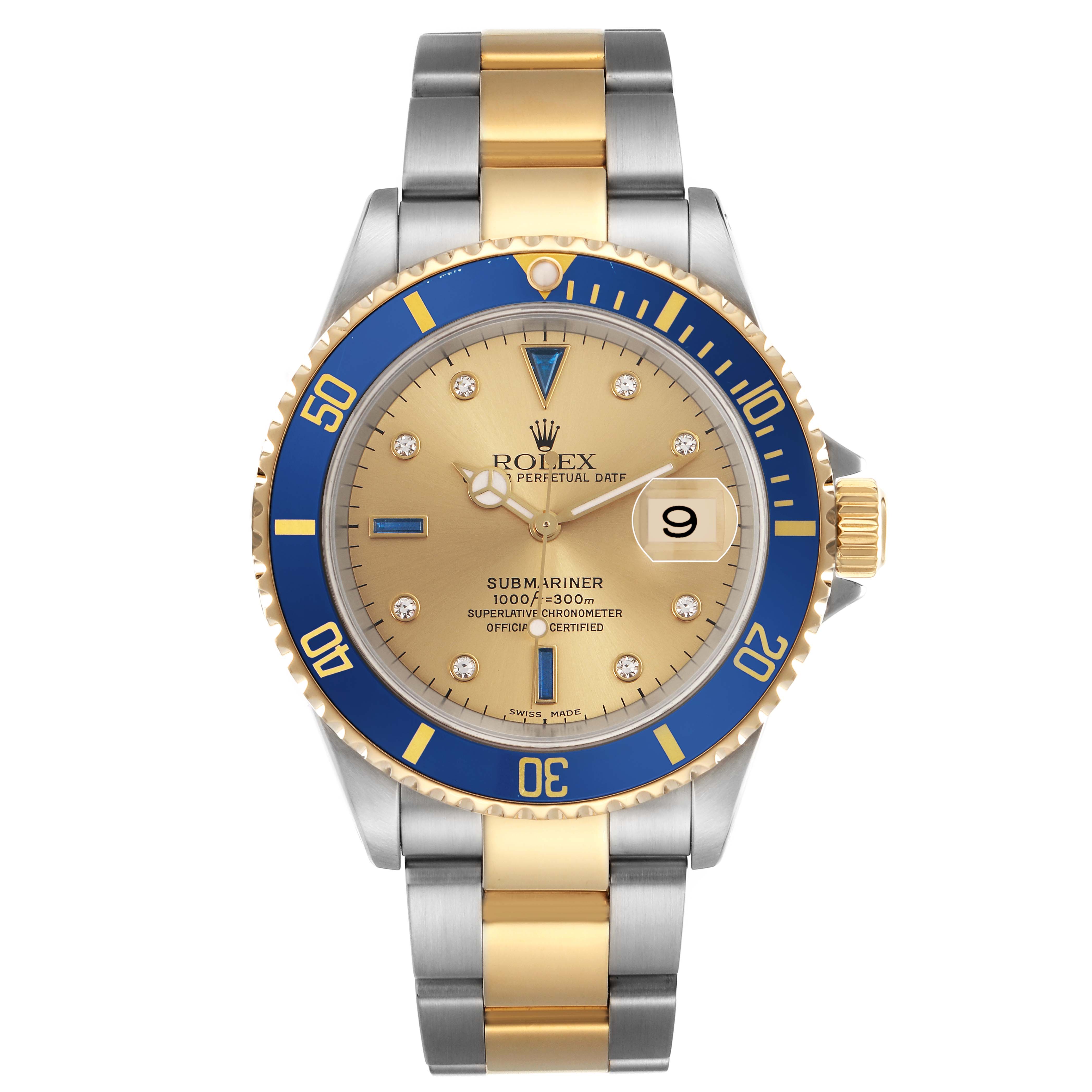 The Rolex Submariner 16613 Men
s Steel and Gold (two tone) Champagne Dial 16613 Men
s Steel and Gold (two tone) Champagne Dial watch is shown from a front angle, highlighting the dial, bezel, case, and bracelet.