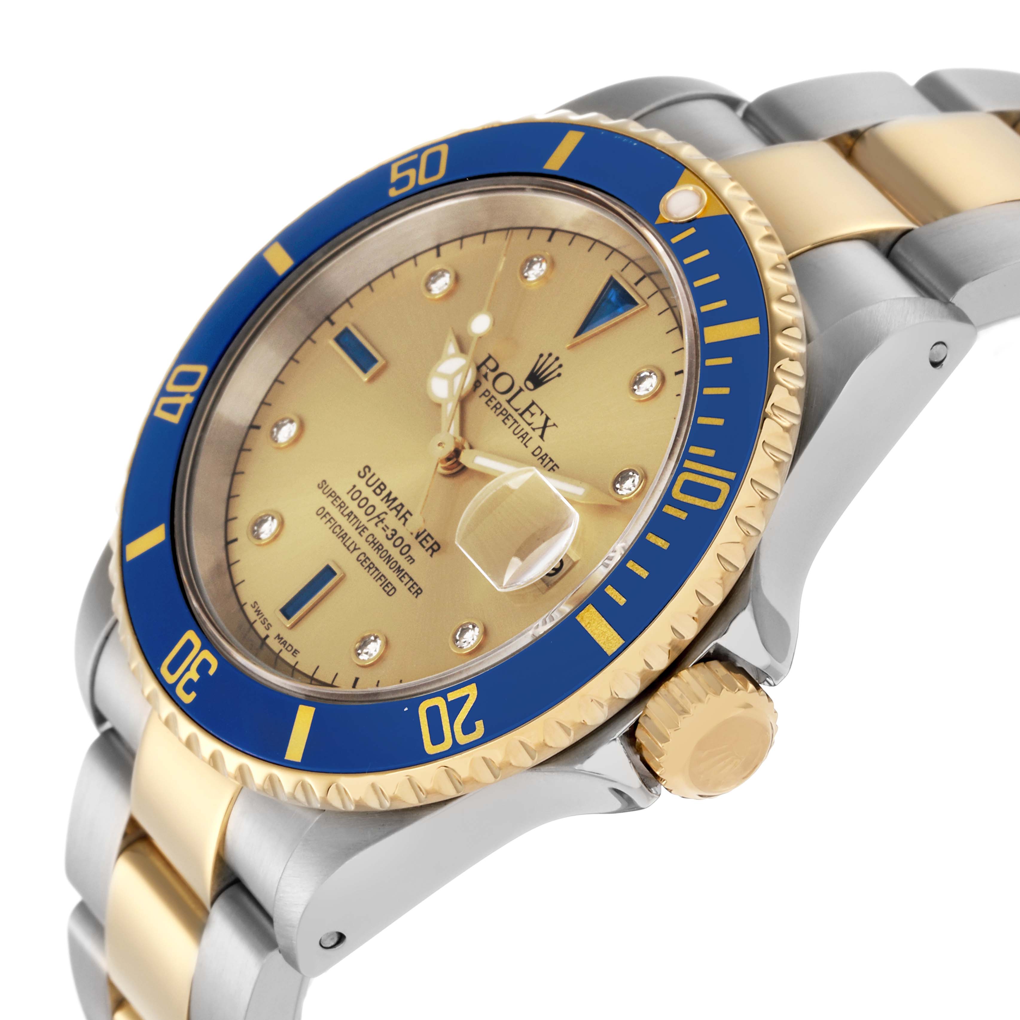 The Rolex Submariner 16613 Men
s Steel and Gold (two tone) Champagne Dial 16613 Men
s Steel and Gold (two tone) Champagne Dial watch is shown from an angled close-up, highlighting the dial, bezel, crown, and part of the bracelet.