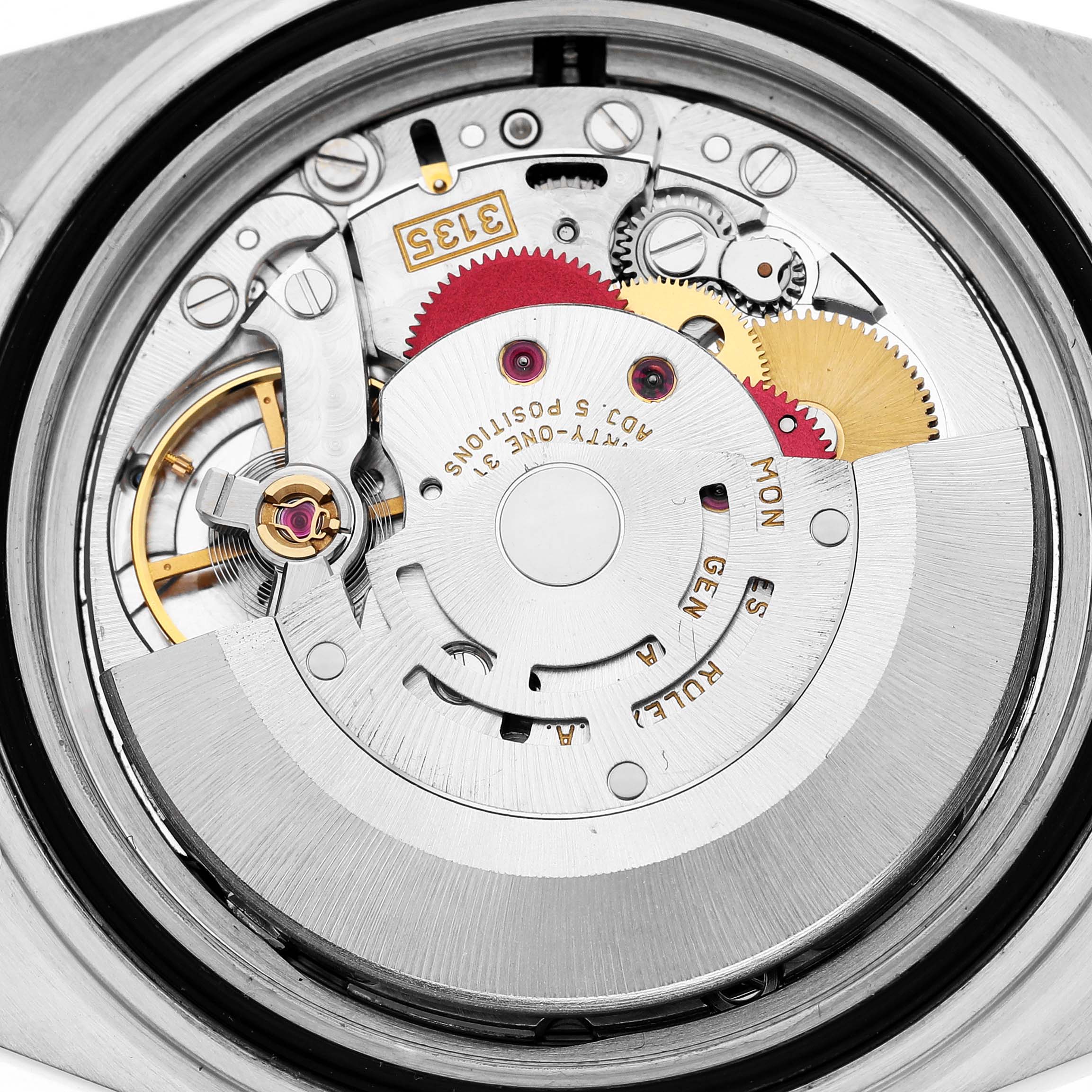 This image shows the intricate movement and internal components of a Rolex Submariner 16613 Men
s Steel and Gold (two tone) Champagne Dial 16613 Men
s Steel and Gold (two tone) Champagne Dial watch from a close-up angle.