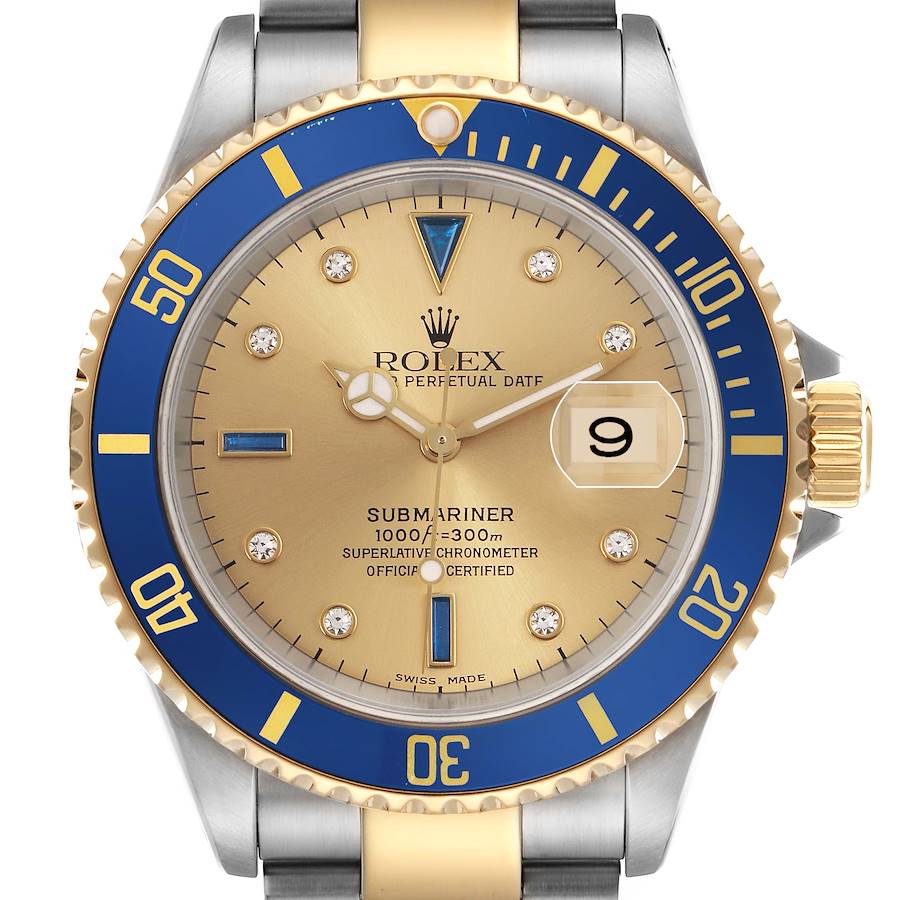 The Rolex Submariner watch is shown from the front, highlighting the dial, bezel, and part of the bracelet.