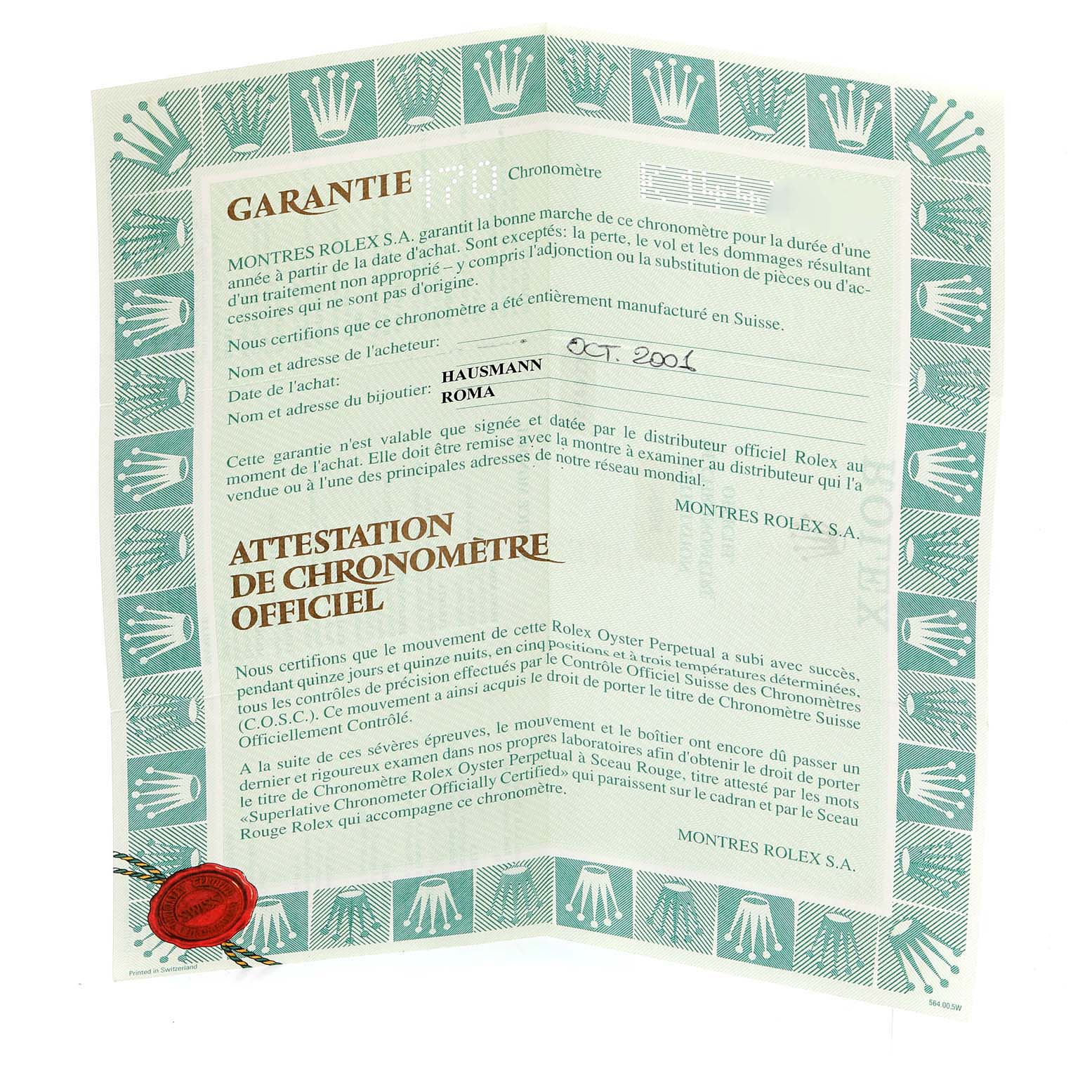 This image shows a warranty and chronometer certificate for the Rolex Turn-o-Graph 16264 Men's Stainless Steel Blue Dial 16264 Men's Stainless Steel Blue Dial model, dated October 2001.