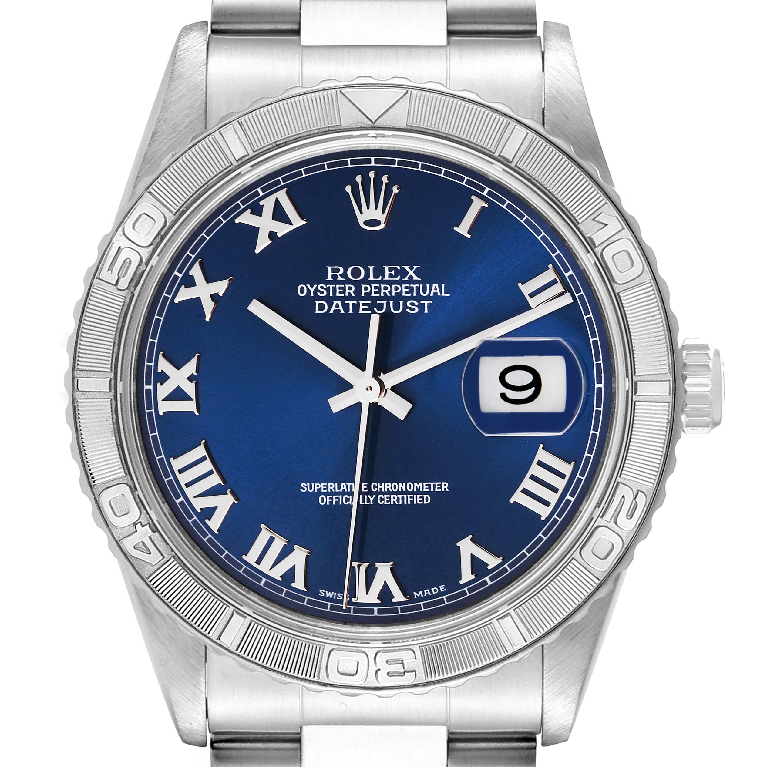 The image shows a front view of a Rolex Turn-o-Graph 16264 Men's Stainless Steel Blue Dial 16264 Men's Stainless Steel Blue Dial watch, highlighting the blue dial, Roman numerals, date window, and bezel.