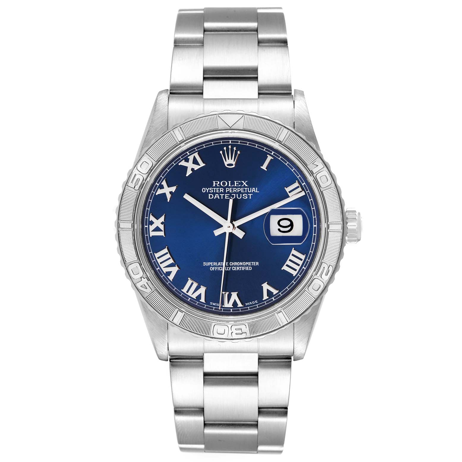 This is a front-angle view of a Rolex Turn-o-Graph 16264 Men's Stainless Steel Blue Dial 16264 Men's Stainless Steel Blue Dial model watch, showing the dial, bezel, case, and bracelet.