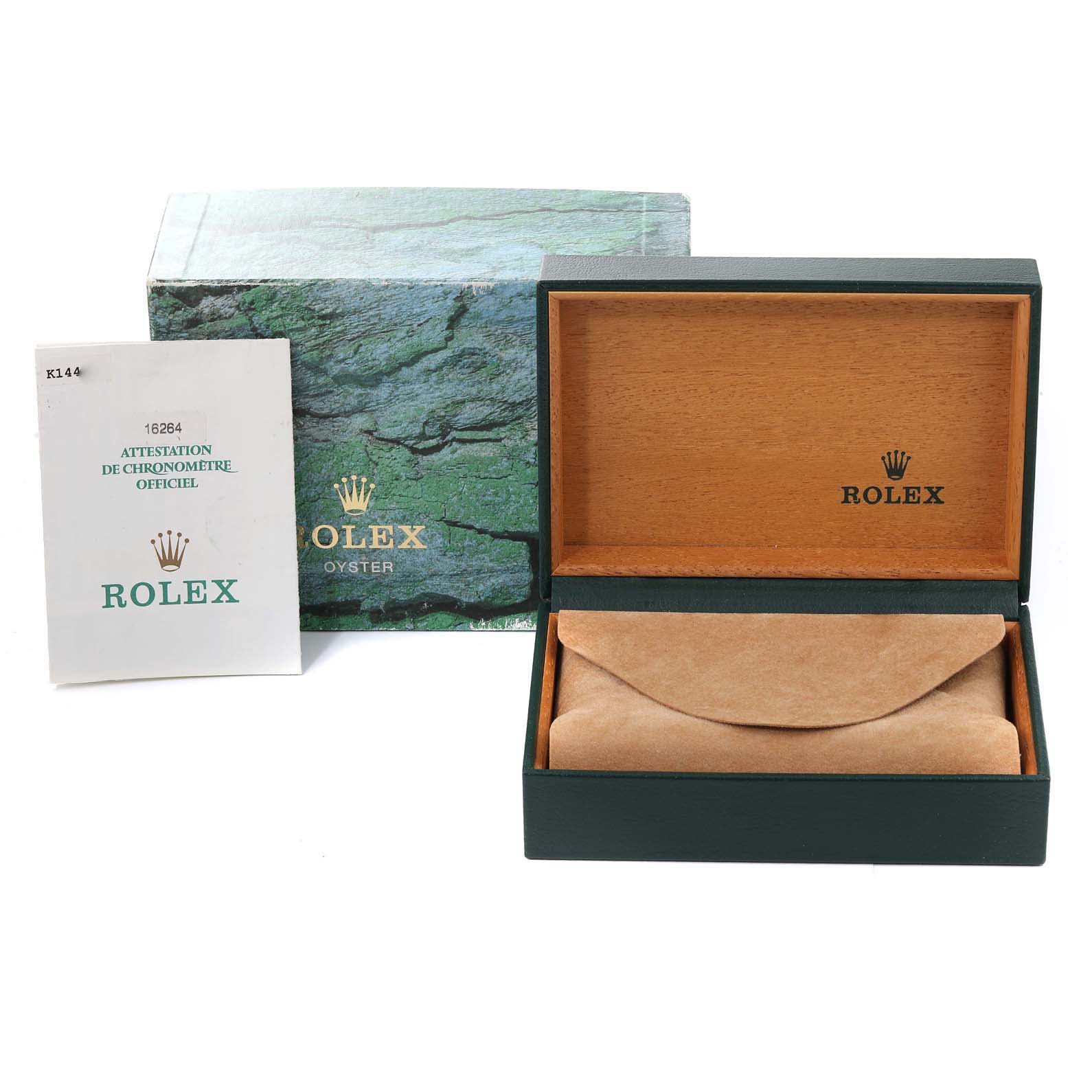 The image shows the packaging, instruction manual, and inner box for the Rolex Turn-o-Graph 16264 Men's Stainless Steel Blue Dial 16264 Men's Stainless Steel Blue Dial watch.