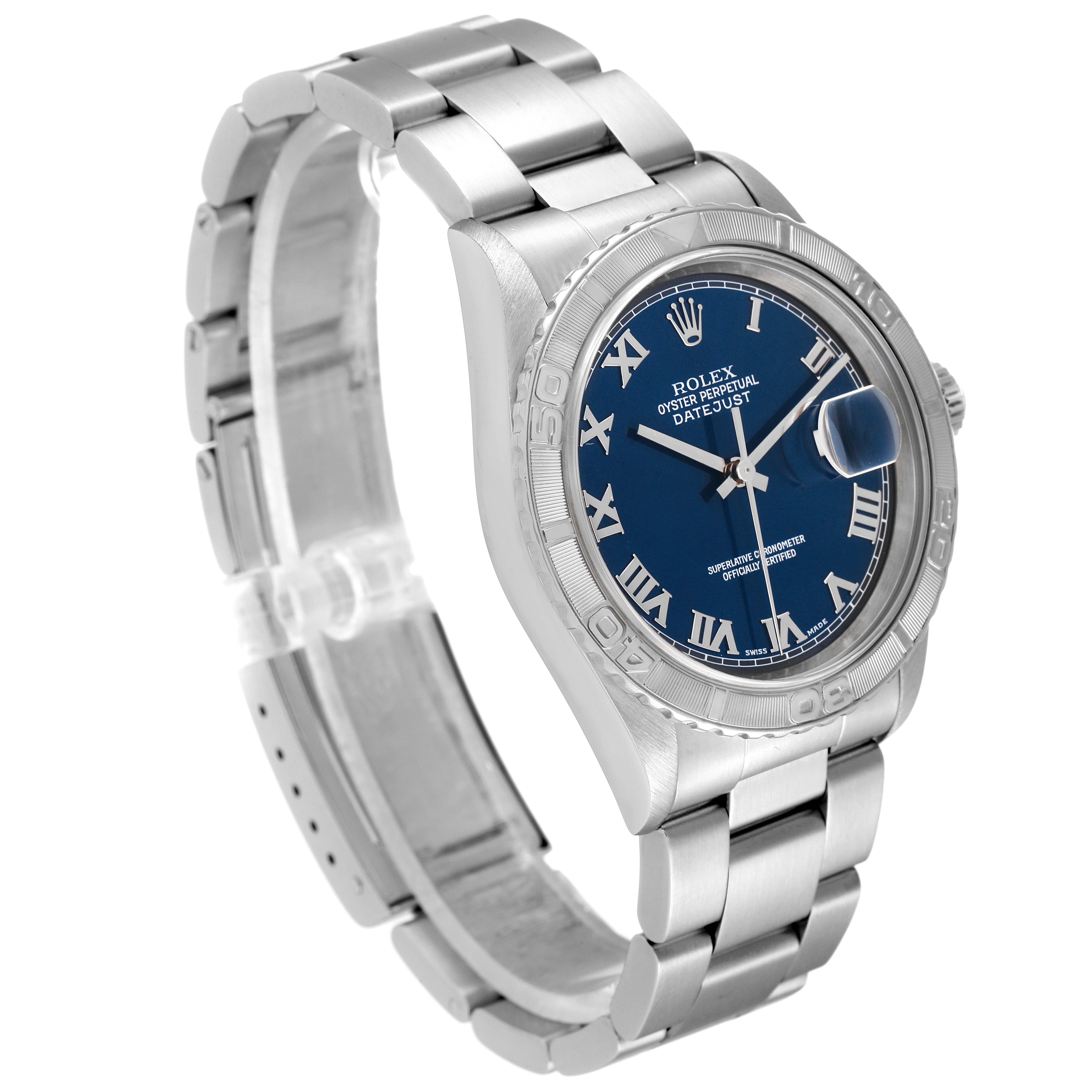 The Rolex Turn-o-Graph 16264 Men's Stainless Steel Blue Dial 16264 Men's Stainless Steel Blue Dial watch is shown from an angled side view, displaying its bracelet, bezel, and blue dial.