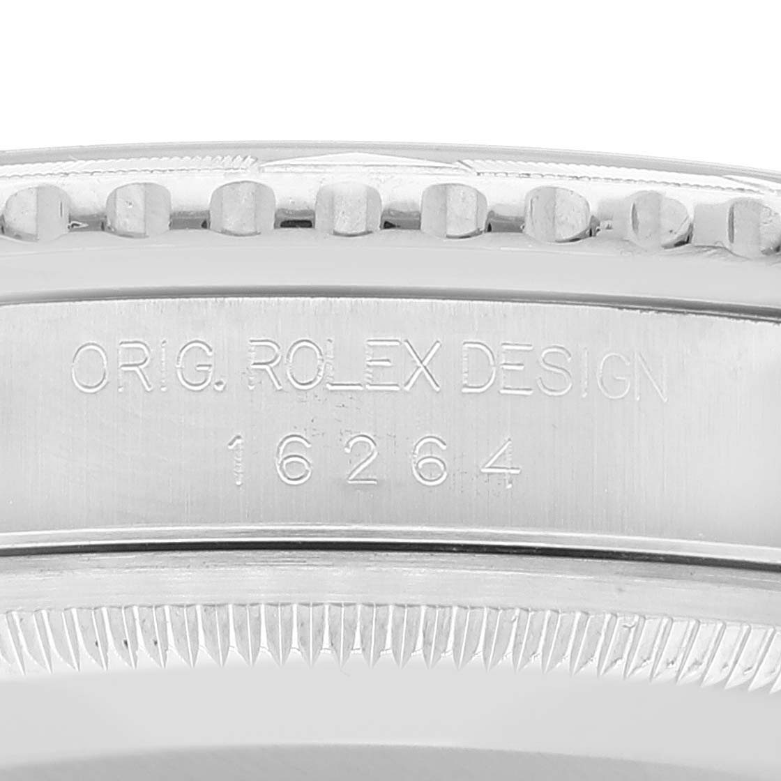 This image shows a close-up of the side of a Rolex Turn-o-Graph 16264 Men's Stainless Steel Blue Dial 16264 Men's Stainless Steel Blue Dial watch, displaying the model number 16264 and "ORIG. ROLEX DESIGN".