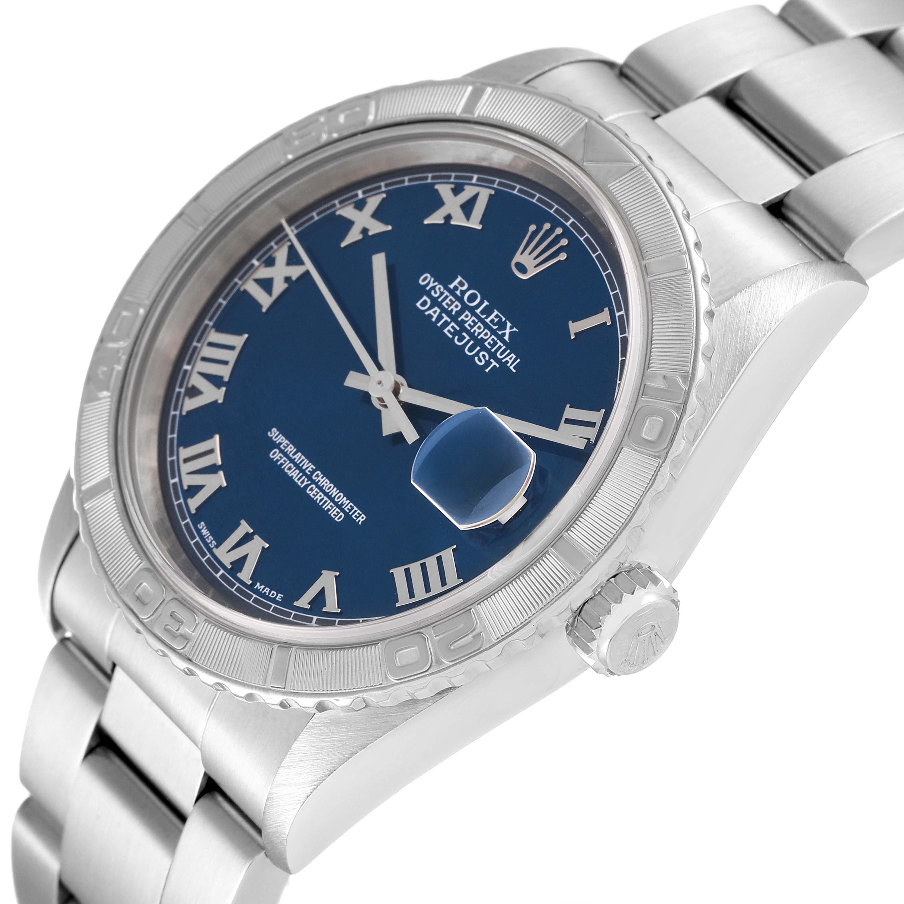 The image shows a Rolex Turn-o-Graph 16264 Men's Stainless Steel Blue Dial 16264 Men's Stainless Steel Blue Dial watch at a slight angle, highlighting its blue dial, bezel, and part of the bracelet.