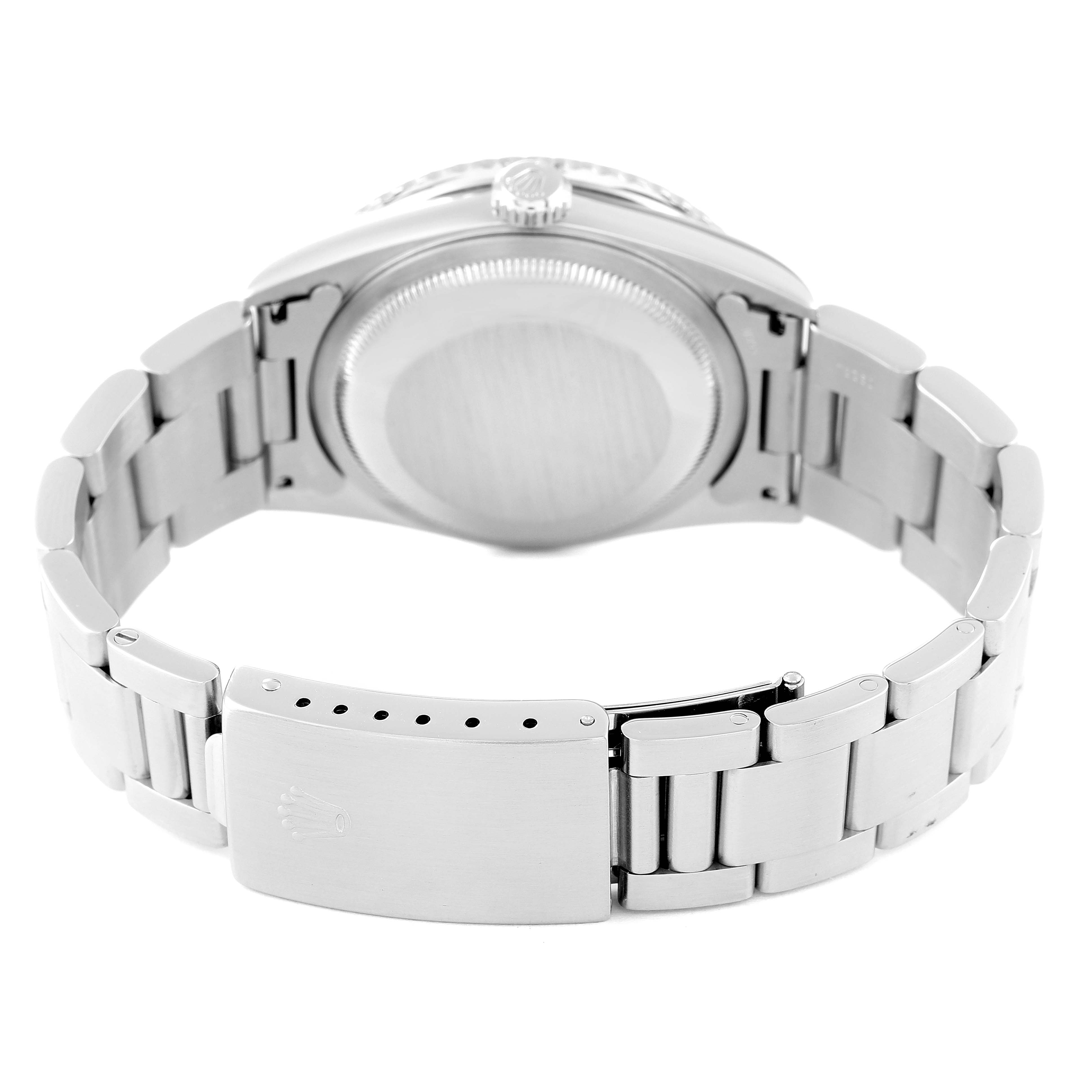 This image shows the back view of a Rolex Turn-o-Graph 16264 Men's Stainless Steel Blue Dial 16264 Men's Stainless Steel Blue Dial watch, highlighting the clasp, bracelet, and case back.