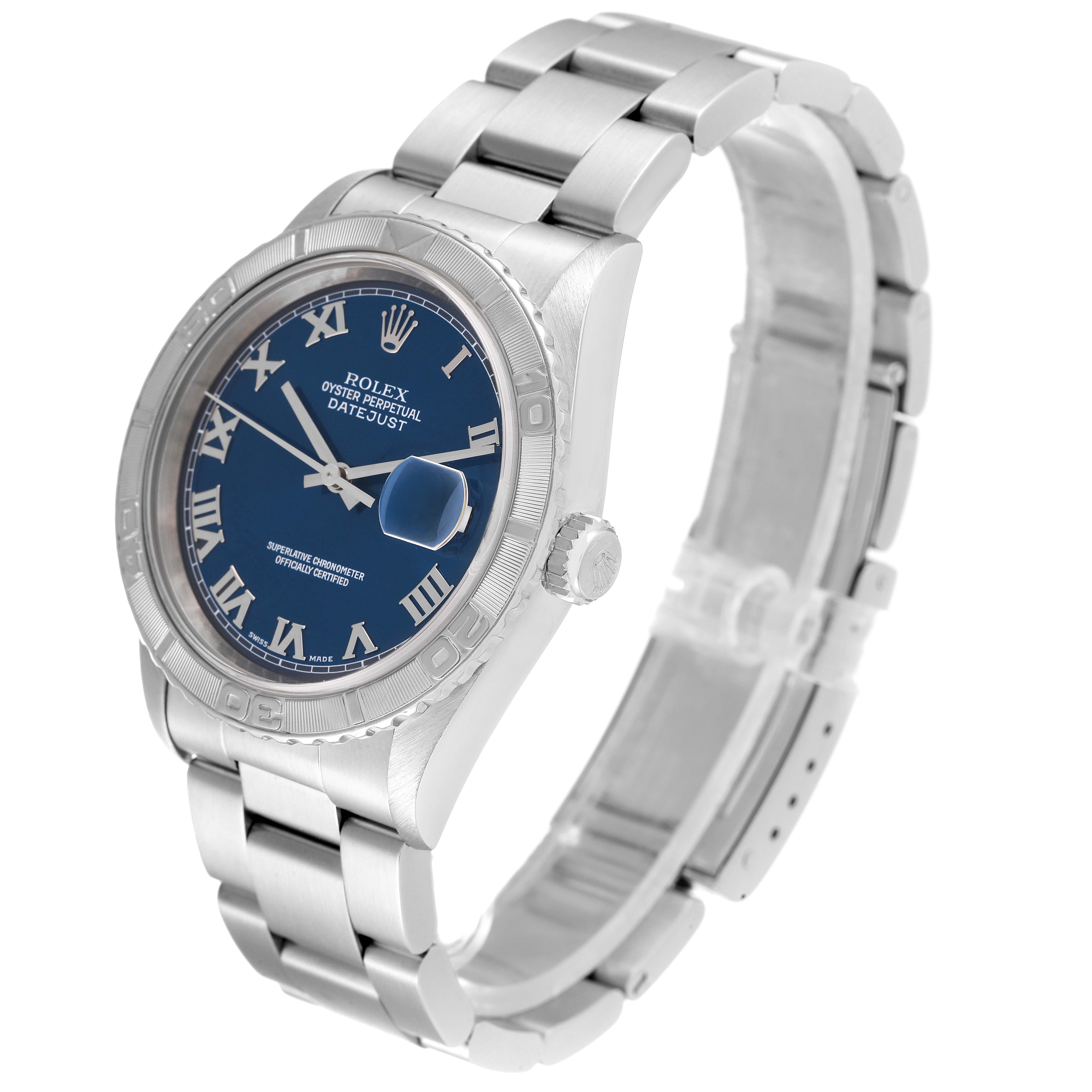 This image shows a Rolex Turn-o-Graph 16264 Men's Stainless Steel Blue Dial 16264 Men's Stainless Steel Blue Dial watch from an angled side view, displaying its face, bezel, crown, and bracelet.