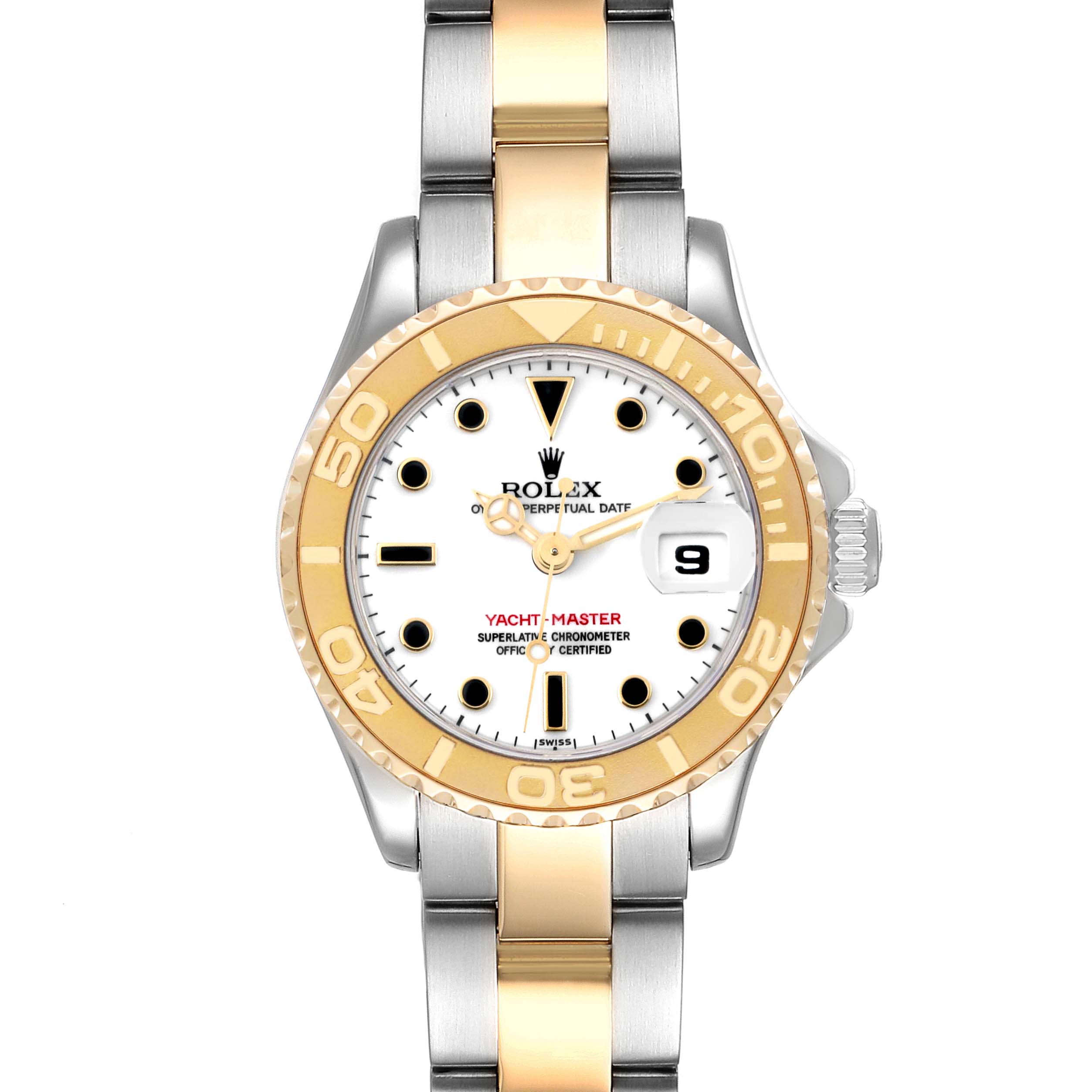This is a front view of the Rolex Yacht-Master 69623 Women's Steel and Gold (two tone) White Dial 69623 Women's Steel and Gold (two tone) White Dial watch, showing the face, bezel, and a portion of the bracelet.