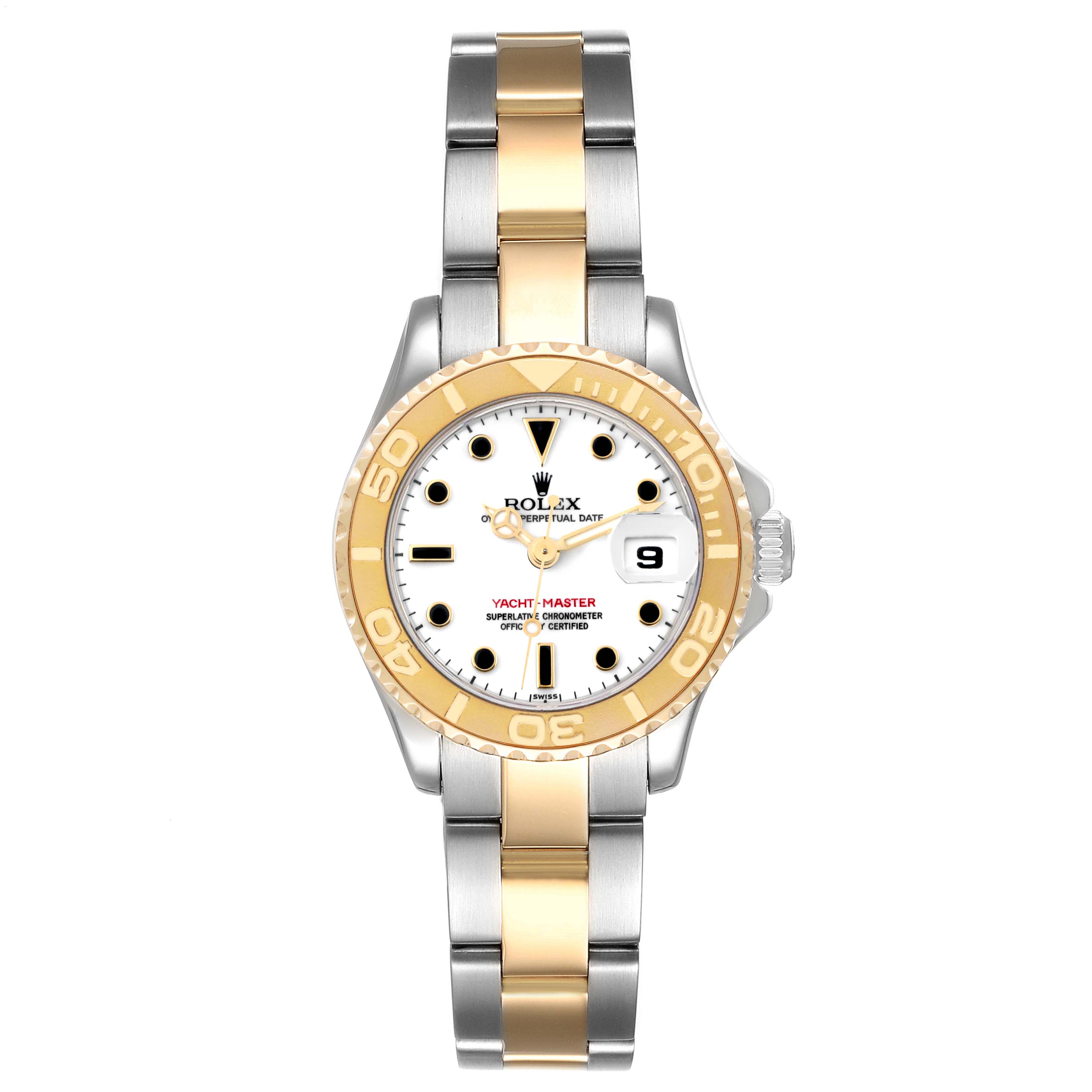 This image shows a front view of a Rolex Yacht-Master 69623 Women's Steel and Gold (two tone) White Dial 69623 Women's Steel and Gold (two tone) White Dial watch, displaying its face, bezel, and two-tone bracelet.