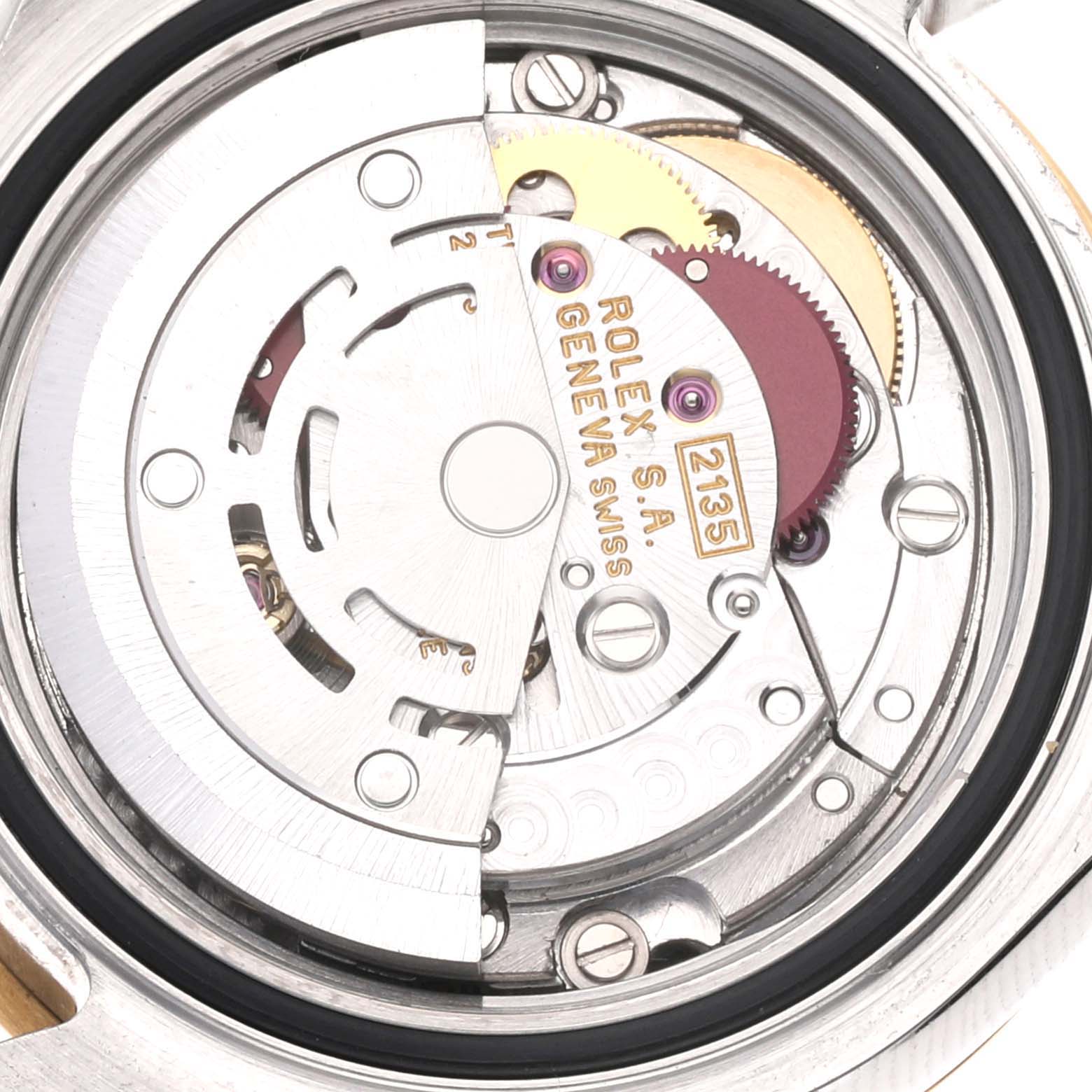 The image shows the open case back of a Rolex Yacht-Master 69623 Women's Steel and Gold (two tone) White Dial 69623 Women's Steel and Gold (two tone) White Dial watch, revealing its movement components.