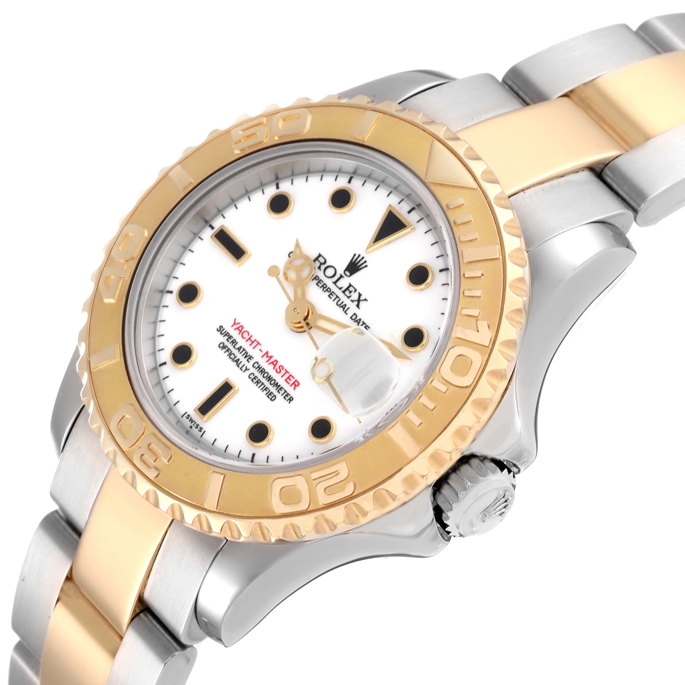 This image displays a Rolex Yacht-Master 69623 Women's Steel and Gold (two tone) White Dial 69623 Women's Steel and Gold (two tone) White Dial watch angled to show the face, bezel, crown, and part of the bracelet.