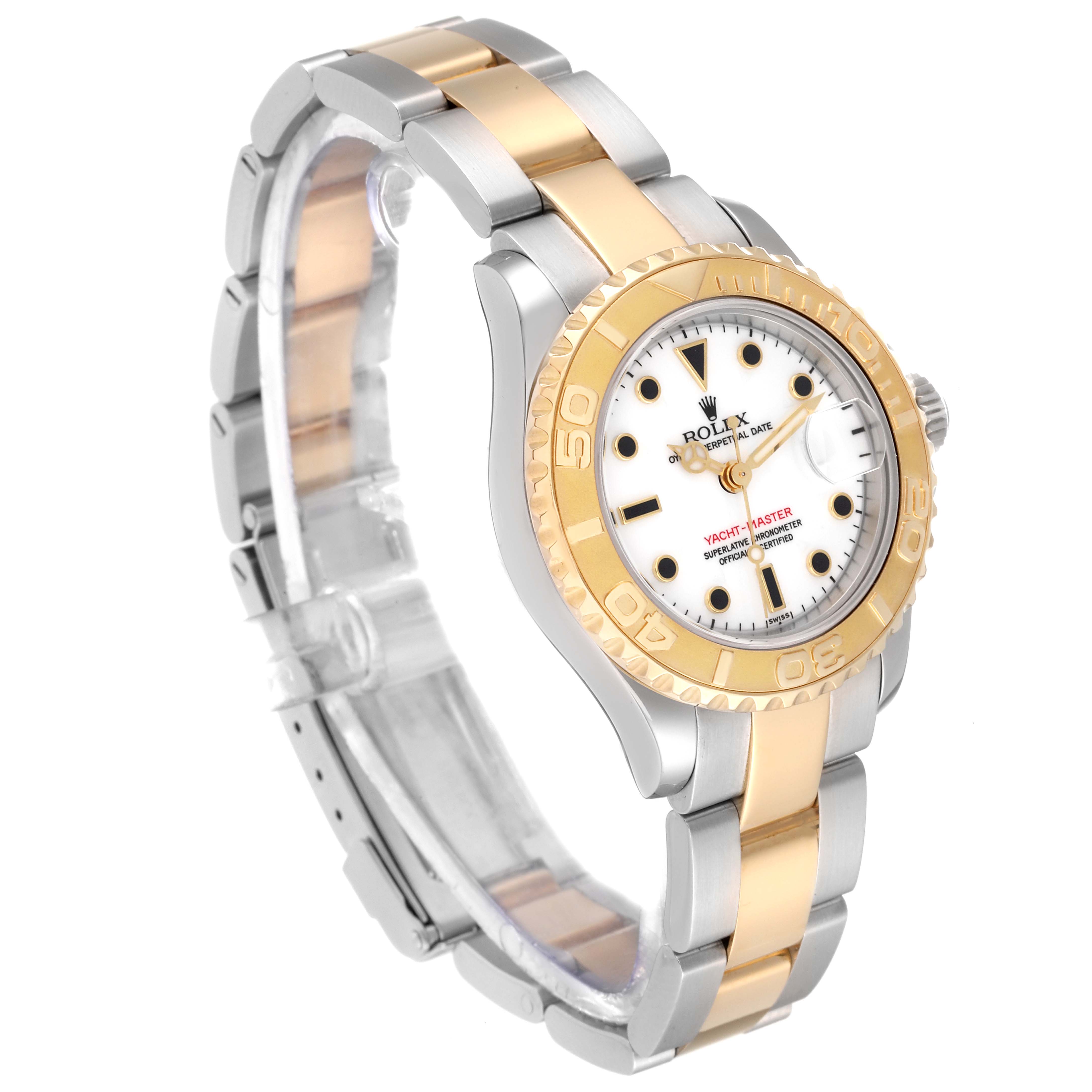 This Rolex Yacht-Master 69623 Women's Steel and Gold (two tone) White Dial 69623 Women's Steel and Gold (two tone) White Dial watch is shown at a slight angle, detailing the face, bezel, and two-tone bracelet.