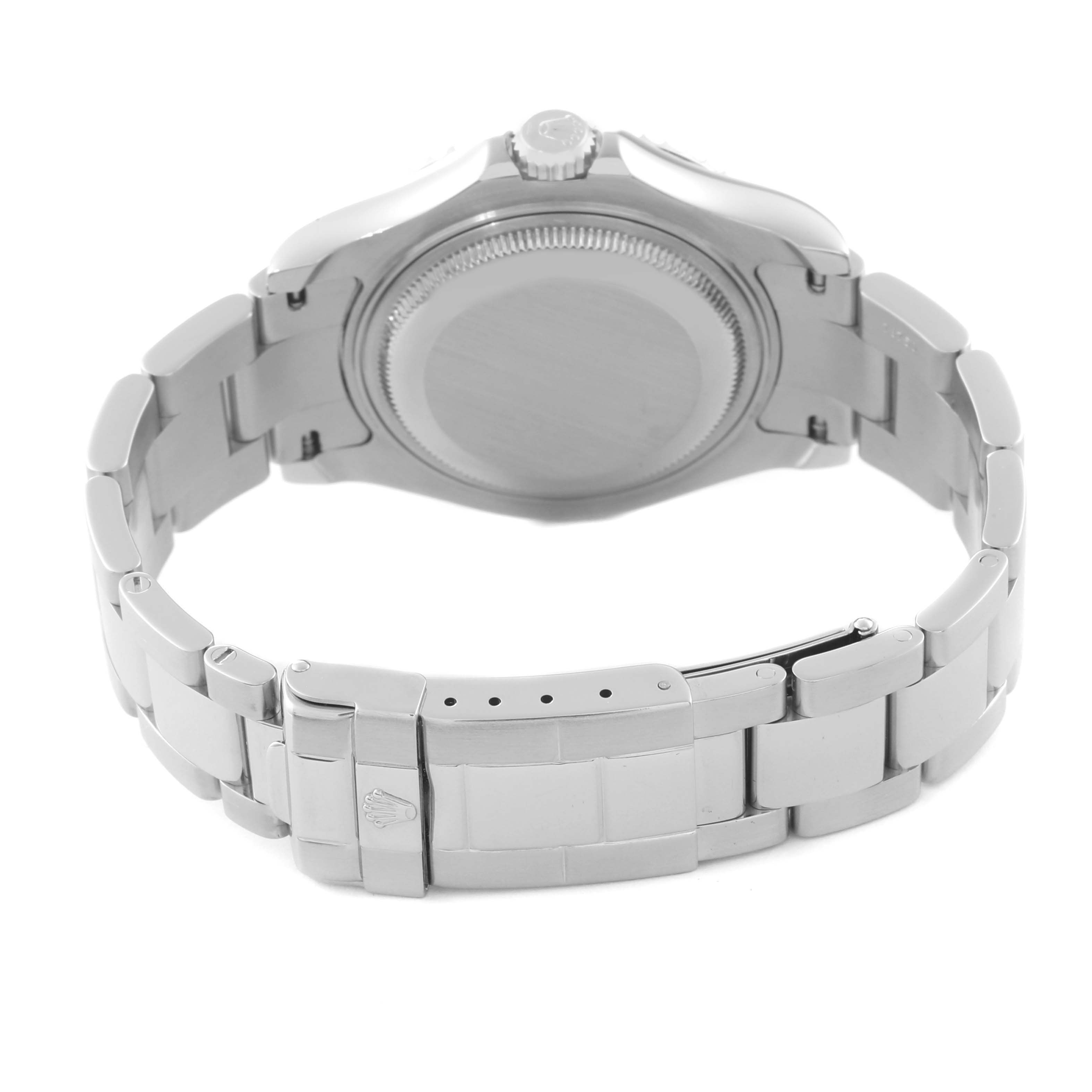 This image shows the back case and bracelet of a Yacht-Master model by Rolex, viewed from the rear.