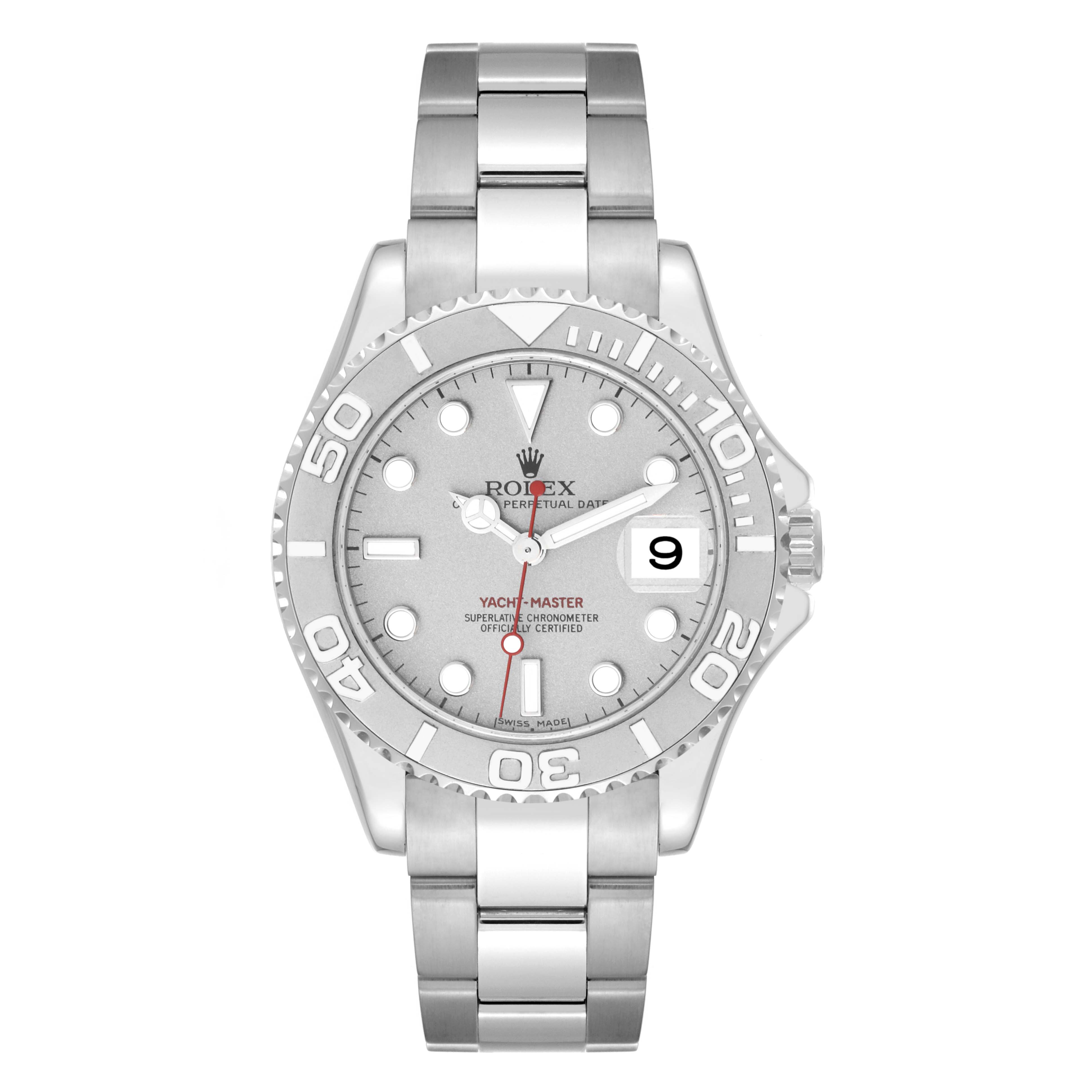 The Rolex Yacht-Master 168622 Men's Stainless Steel Silver Dial 168622 Men's Stainless Steel Silver Dial watch is shown from the front, displaying the dial, bezel, bracelet, and date window.