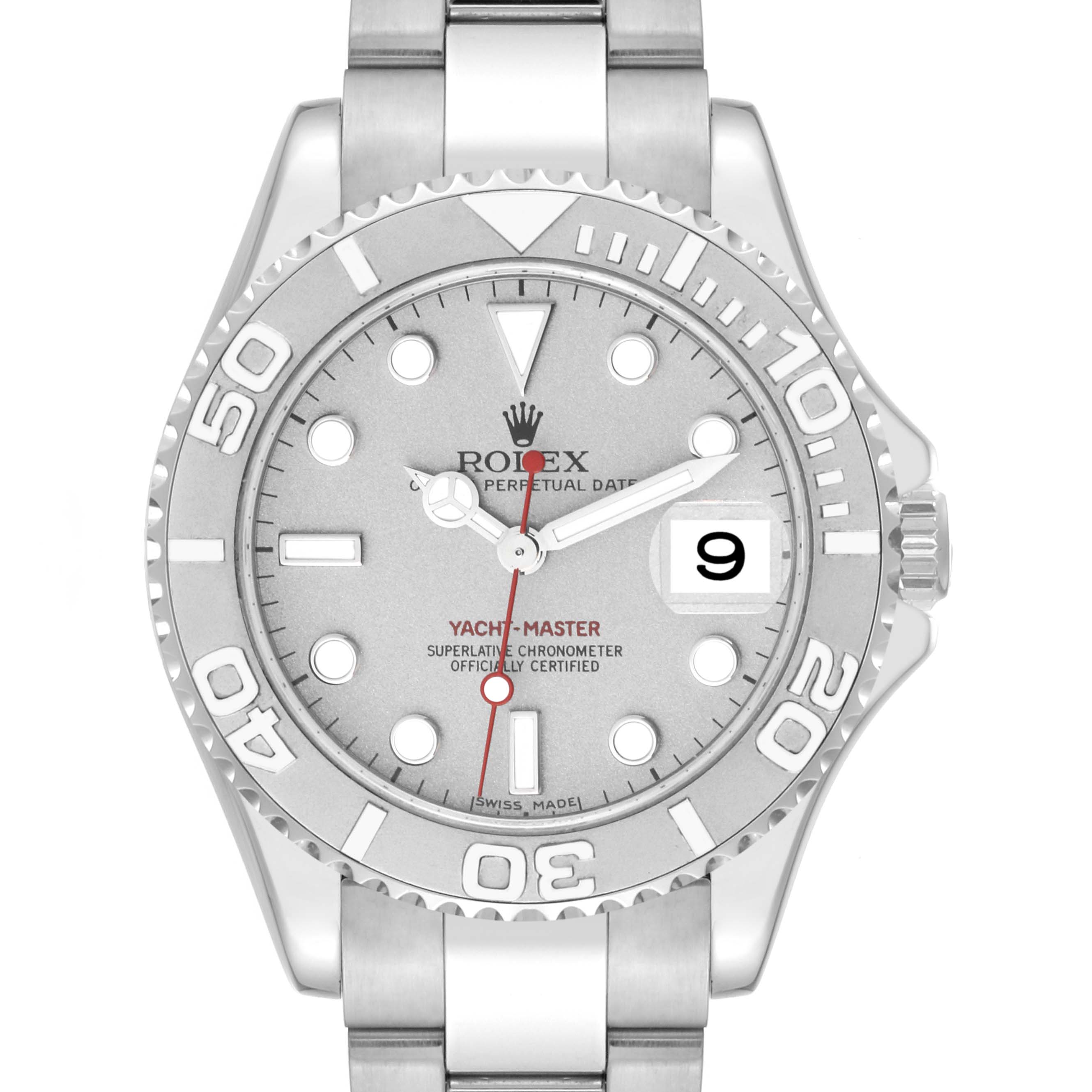 This is a front view of a Rolex Yacht-Master 168622 Men's Stainless Steel Silver Dial 168622 Men's Stainless Steel Silver Dial watch showing the face, bezel, and part of the bracelet.
