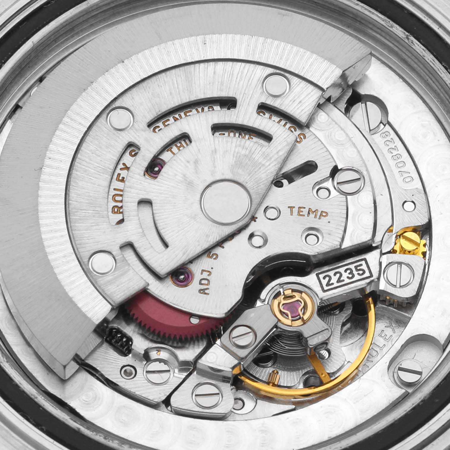 This image shows a close-up of the Rolex Yacht-Master 168622 Men's Stainless Steel Silver Dial 168622 Men's Stainless Steel Silver Dial's internal movement mechanism from a top-down angle.
