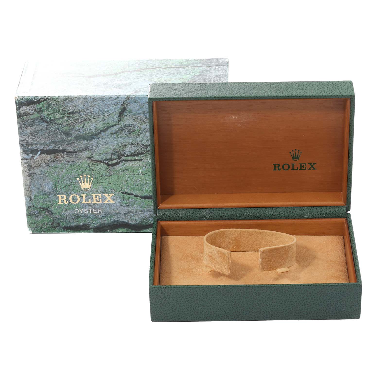 This image shows a green Rolex Oyster box and a Rolex Yacht-Master 168622 Men's Stainless Steel Silver Dial 168622 Men's Stainless Steel Silver Dial model watch pillow inside an open wooden interior box.