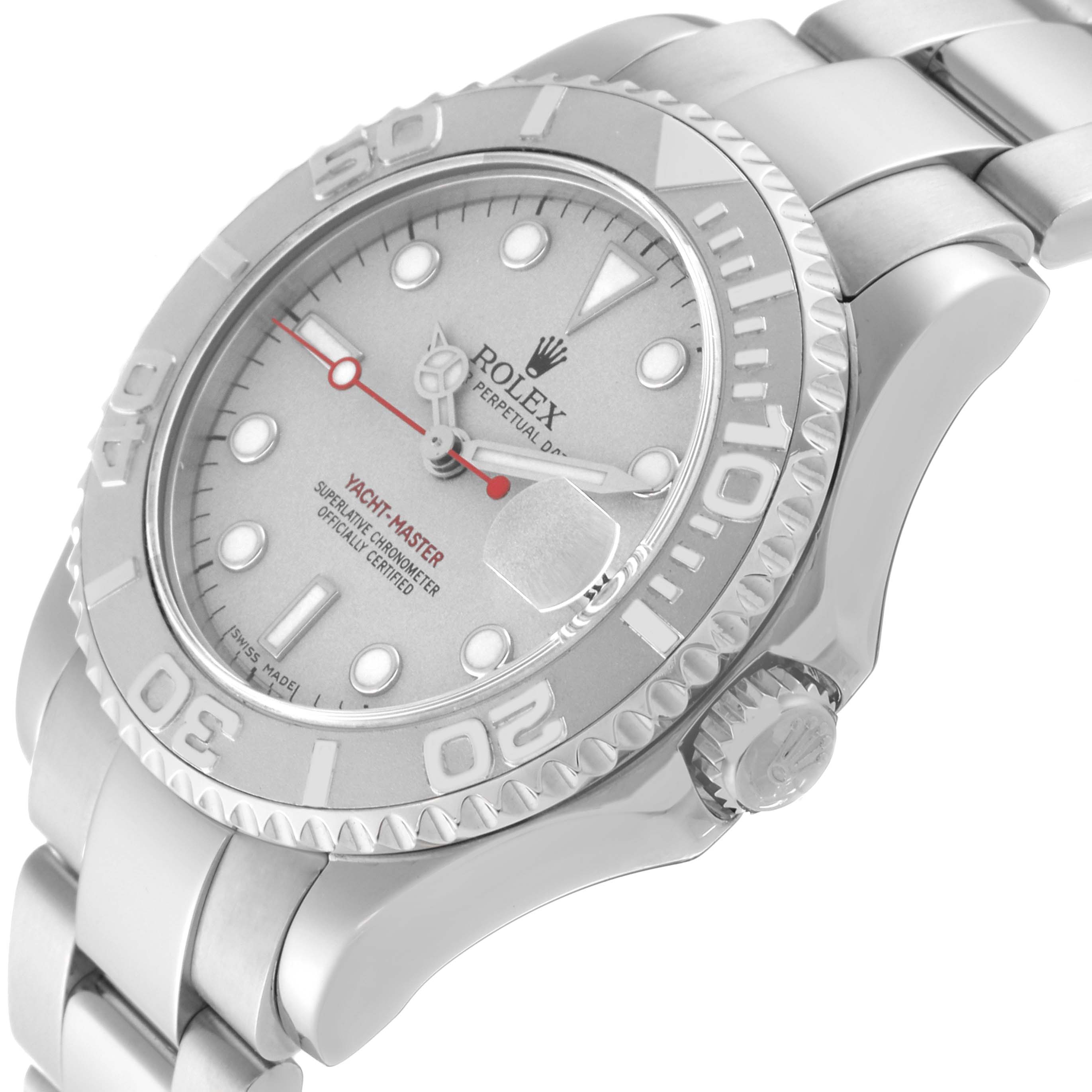 The image shows a Rolex Yacht-Master 168622 Men's Stainless Steel Silver Dial 168622 Men's Stainless Steel Silver Dial watch from an angled side view, highlighting the face, bezel, and part of the bracelet.