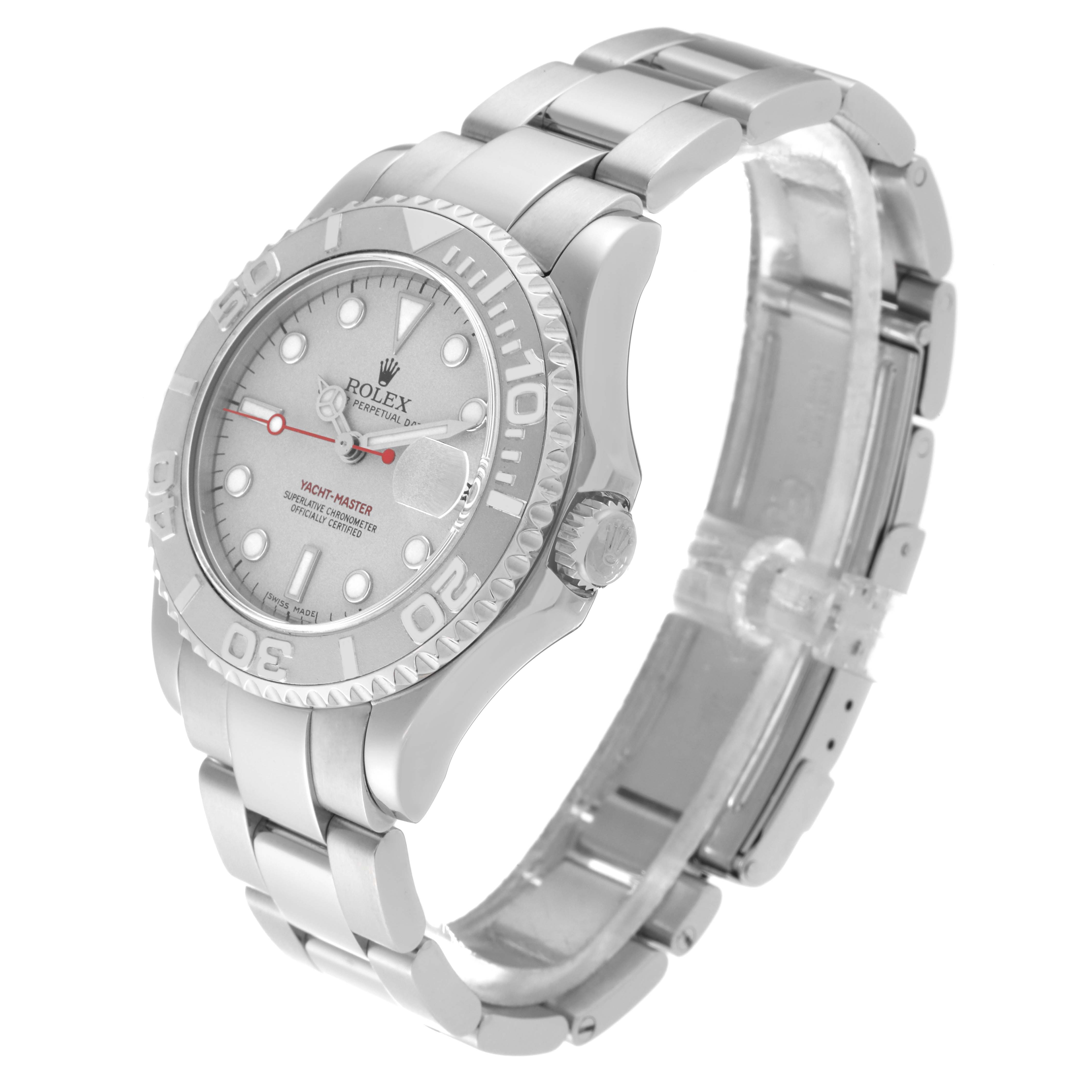 The Rolex Yacht-Master 168622 Men's Stainless Steel Silver Dial 168622 Men's Stainless Steel Silver Dial watch is shown at a three-quarter angle, displaying the dial, bezel, crown, and bracelet.
