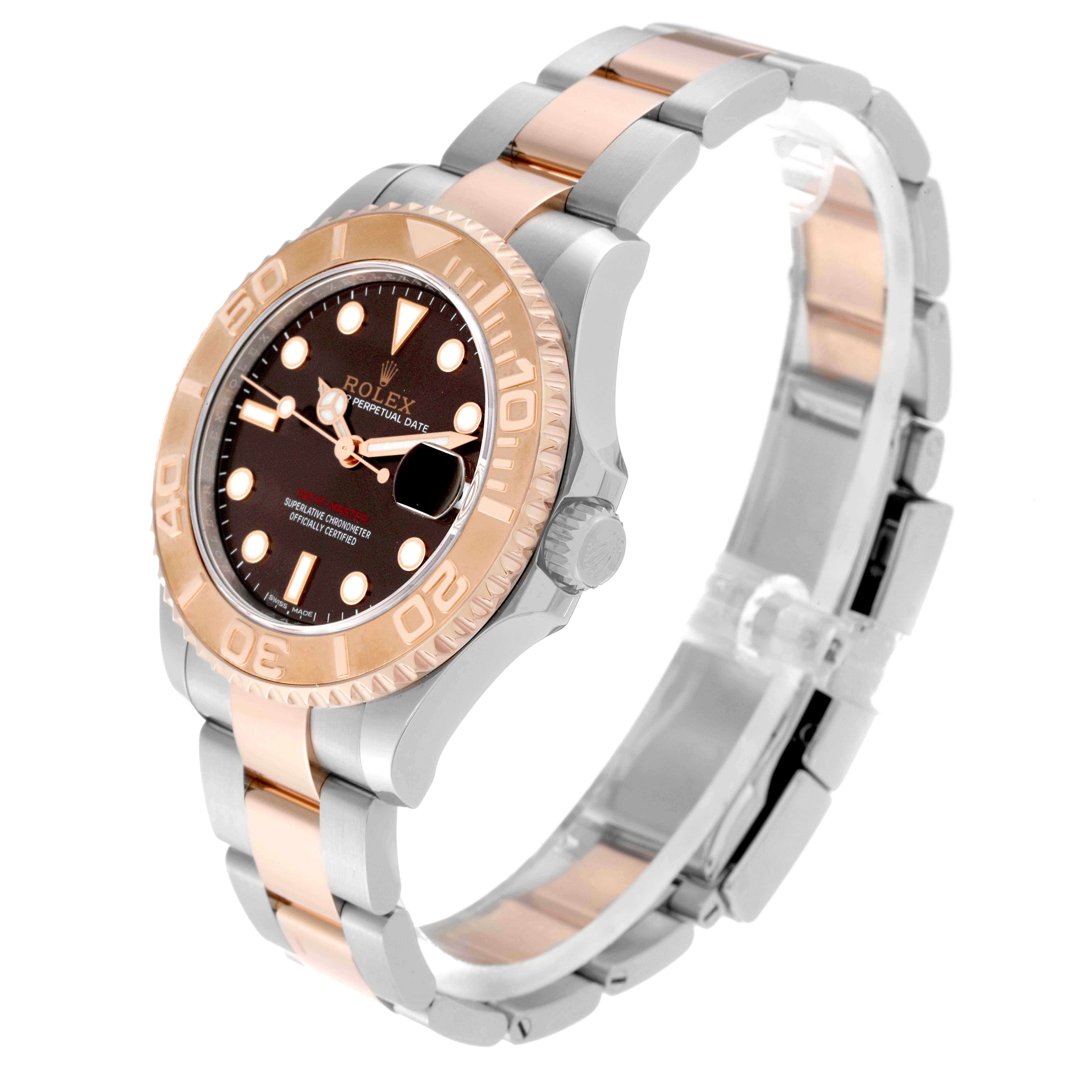 The Rolex Yacht-Master 268621 Men's Steel and Gold (two tone) Brown Dial 268621 Men's Steel and Gold (two tone) Brown Dial watch is shown at a three-quarter angle, highlighting its rose gold and stainless steel case and bracelet.