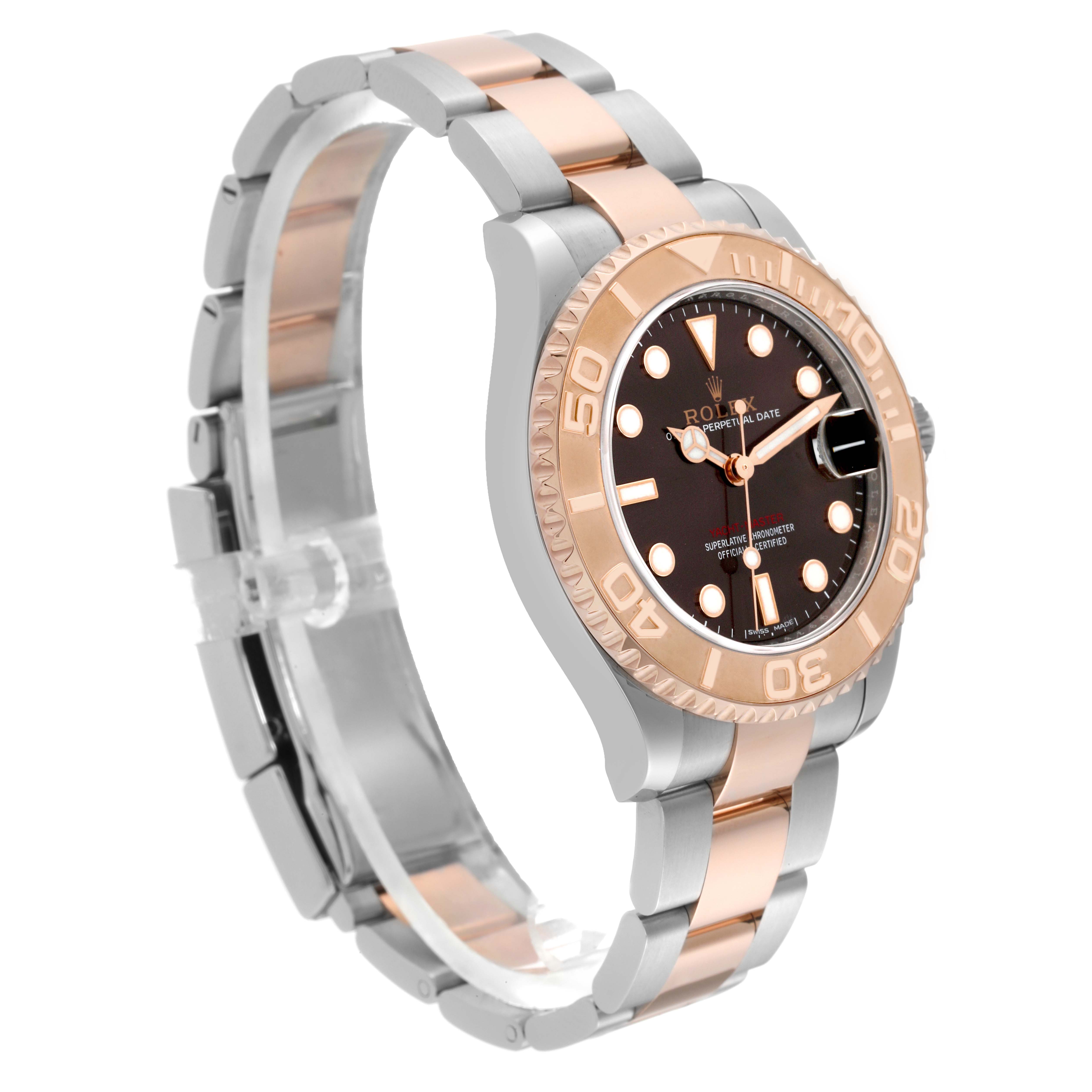 This image shows a side view of a Rolex Yacht-Master 268621 Men's Steel and Gold (two tone) Brown Dial 268621 Men's Steel and Gold (two tone) Brown Dial watch, highlighting its two-tone bracelet, bezel, and dial.