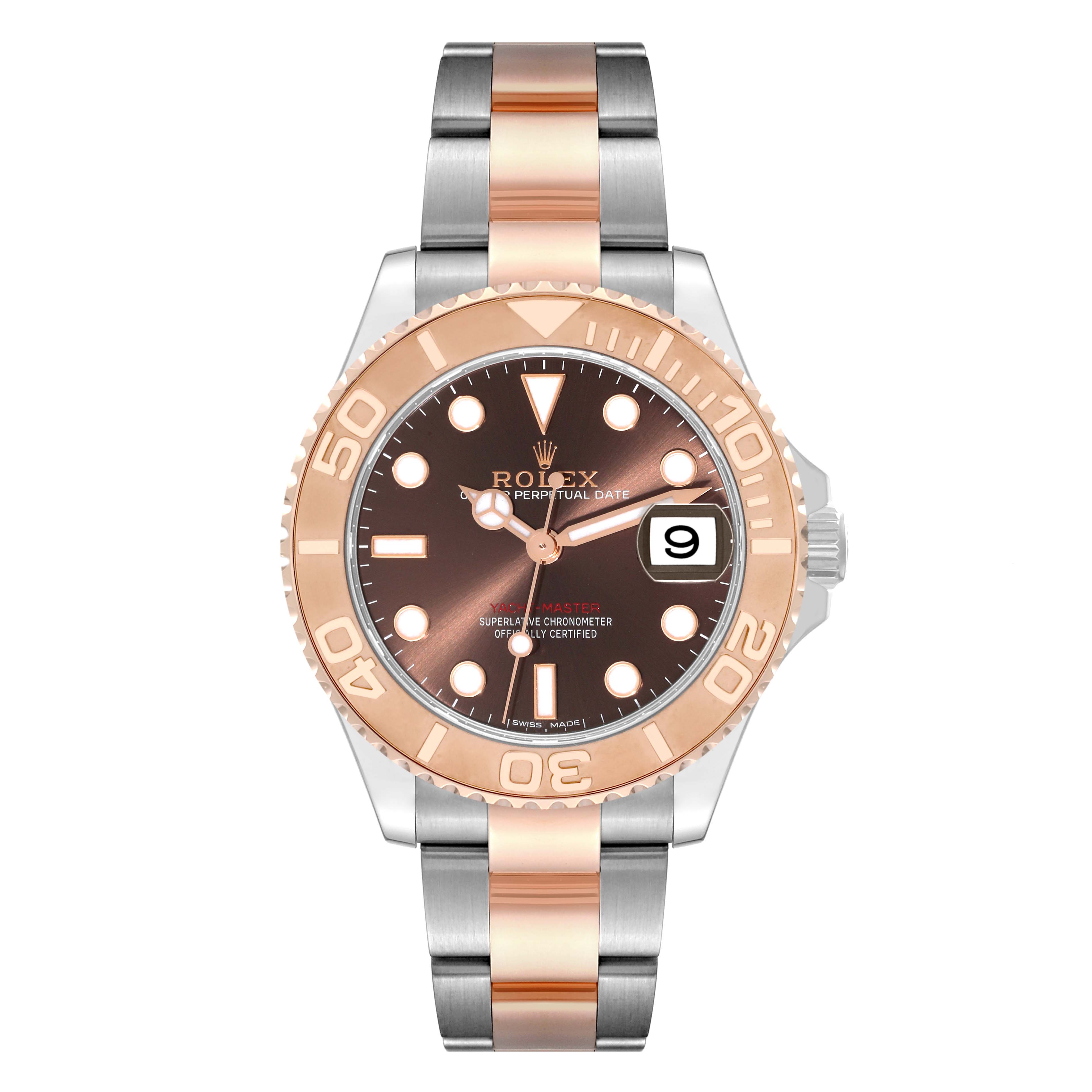 This image shows the front and center view of a Rolex Yacht-Master 268621 Men's Steel and Gold (two tone) Brown Dial 268621 Men's Steel and Gold (two tone) Brown Dial watch with a two-tone bracelet and a brown dial.