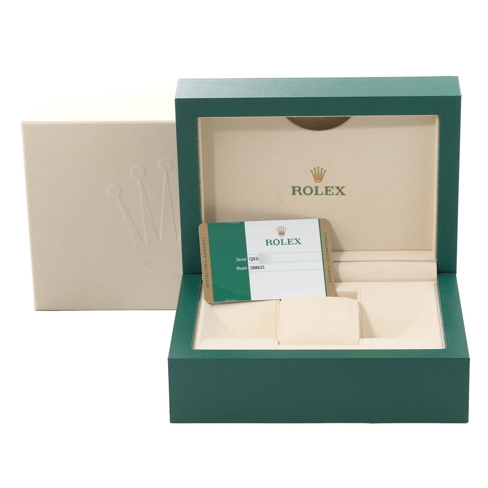 The image shows the open packaging and warranty card for the Rolex Yacht-Master 268621 Men's Steel and Gold (two tone) Brown Dial 268621 Men's Steel and Gold (two tone) Brown Dial model.