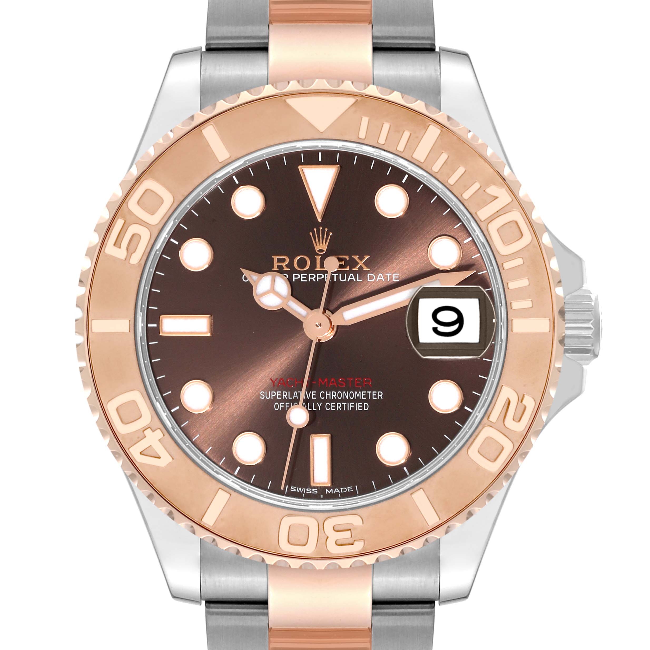 This Rolex Yacht-Master 268621 Men's Steel and Gold (two tone) Brown Dial 268621 Men's Steel and Gold (two tone) Brown Dial watch is shown from a front angle, highlighting its dial, hands, date window, bezel, and bracelet.