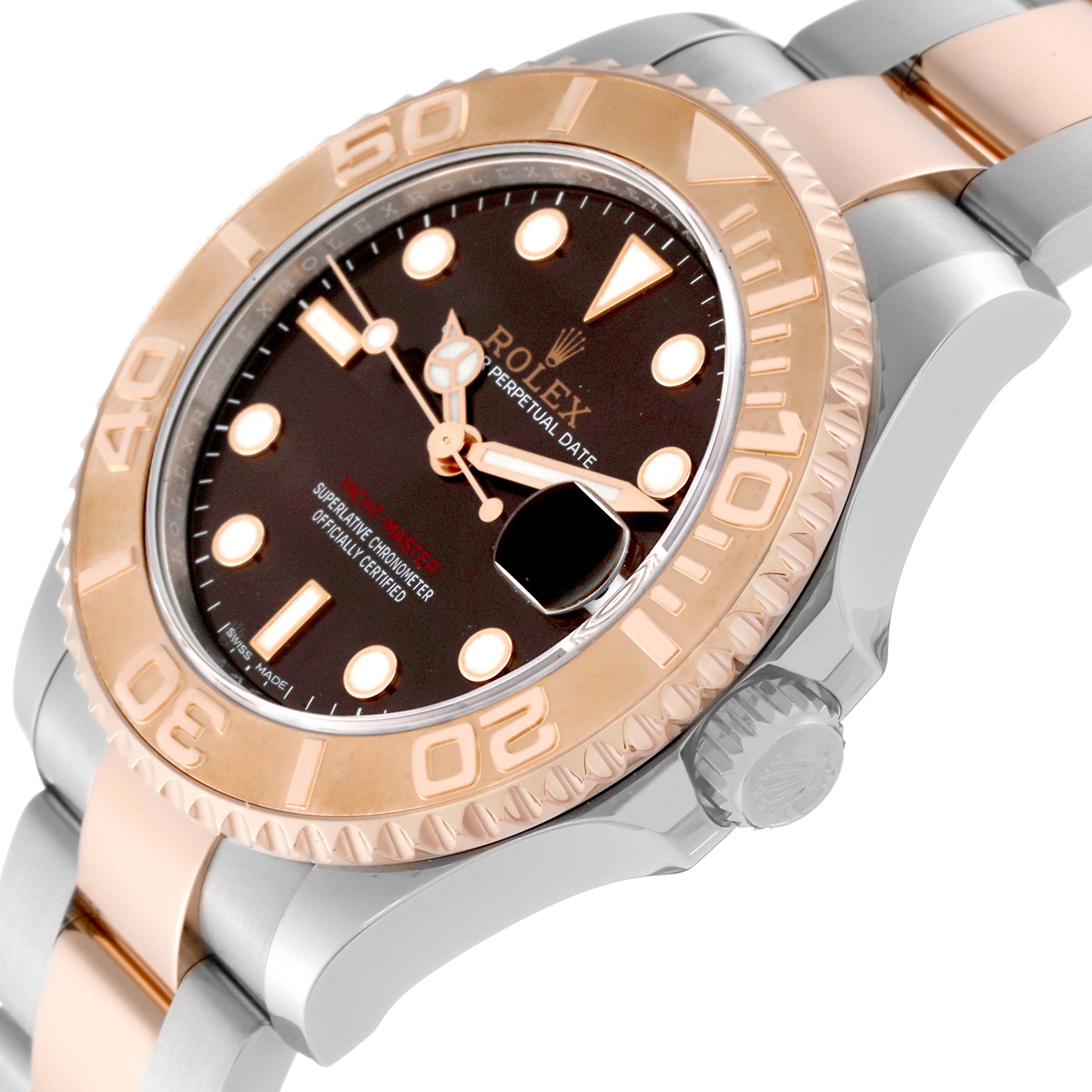 The image shows a close-up, angled view of the face, bezel, and part of the bracelet of a Rolex Yacht-Master 268621 Men's Steel and Gold (two tone) Brown Dial 268621 Men's Steel and Gold (two tone) Brown Dial watch.