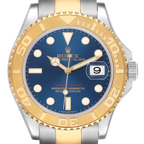 The Rolex Yacht-Master 16623 Men's Steel and Gold (two tone) Blue Dial watch is shown front-on, highlighting the blue dial, gold bezel, and part of the bracelet.